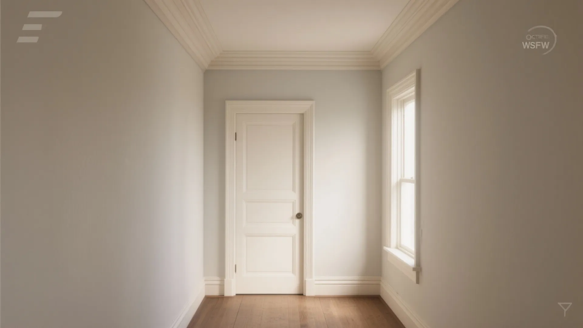 Simple hallway with a white door light blue walls wooden floor and a single window