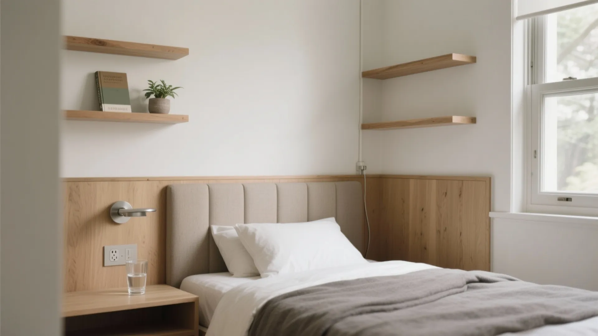 Modern bedroom with wooden wall panel, headboard, white pillows, grey blanket, and floating wall shelves