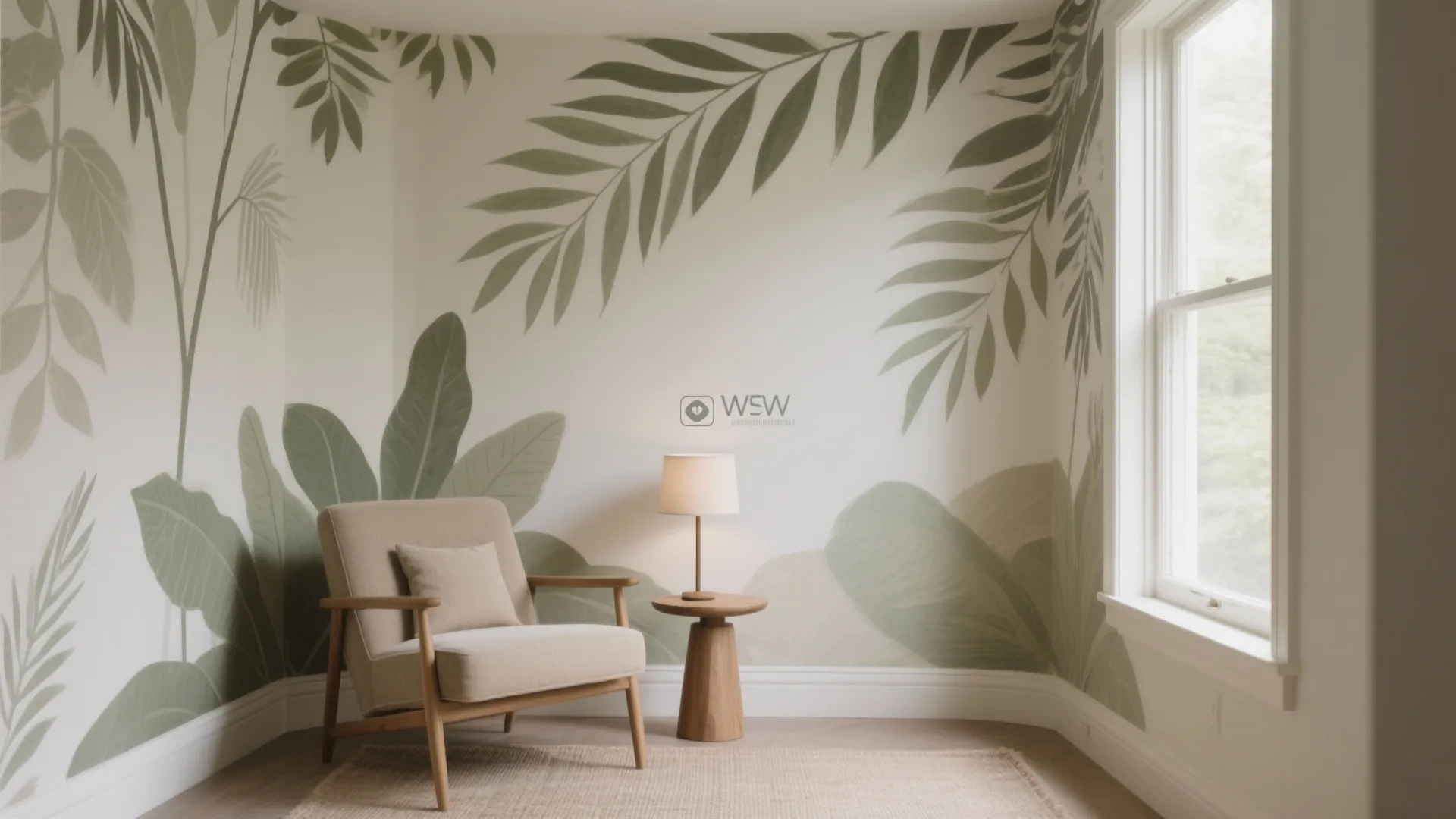 Cozy reading corner with green leaf wall paint beige sofa small table and table lamp