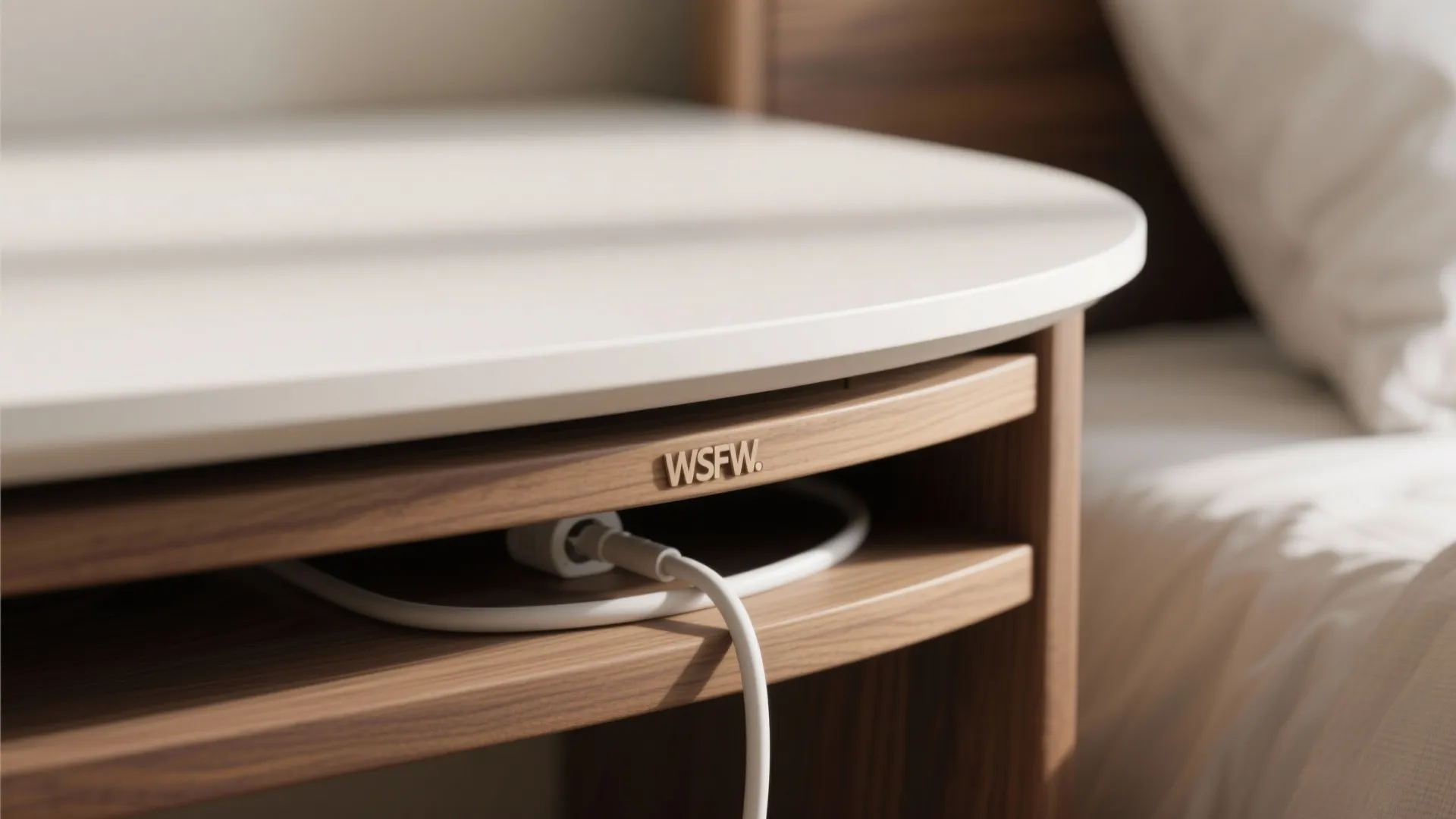 Macro detail of curved desk edge and oak veneer texture by a platform bed.