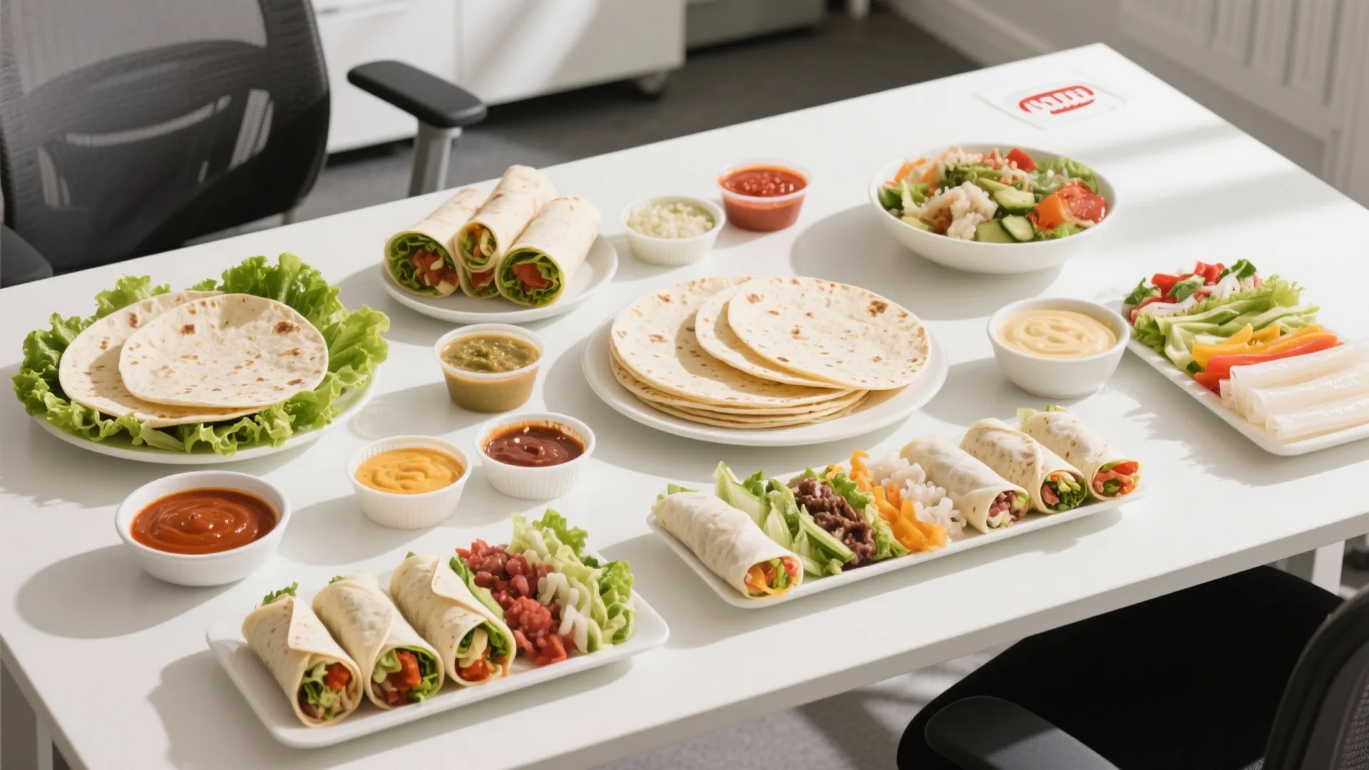 White office desk filled with fresh vegetable wraps tortillas salad bowls and various dipping sauces