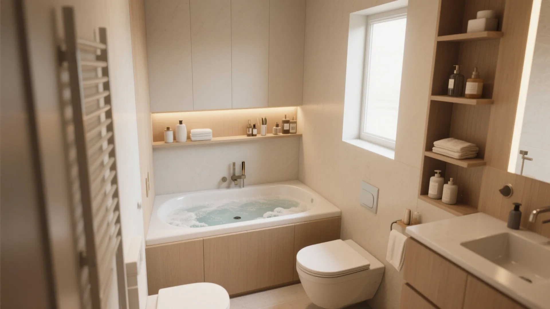 Modern bathroom interior design featuring a built in bathtub with wooden panels and wall shelves
