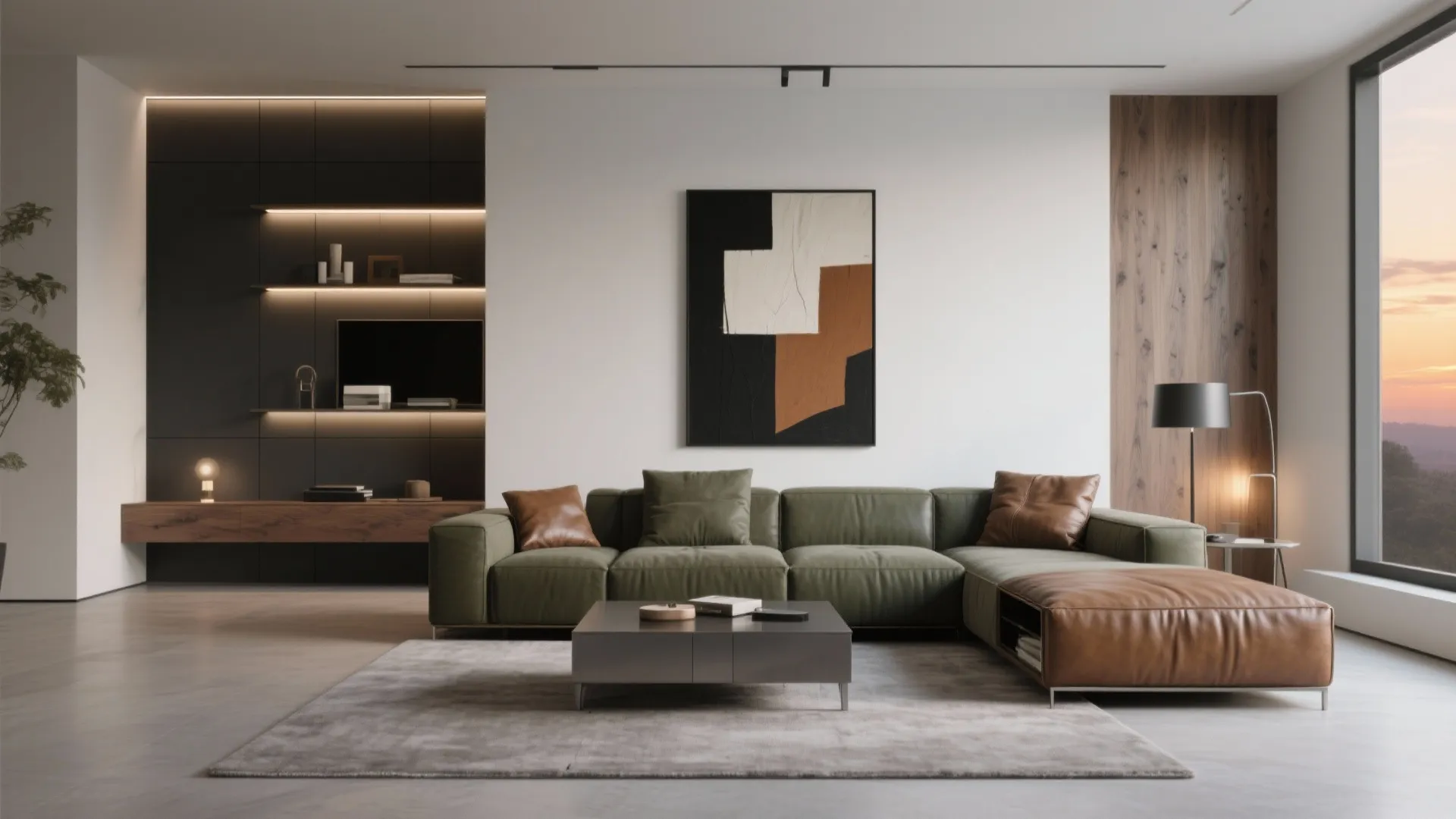 Modern living room with green sofa leather footrest wall art floor lamp and window view