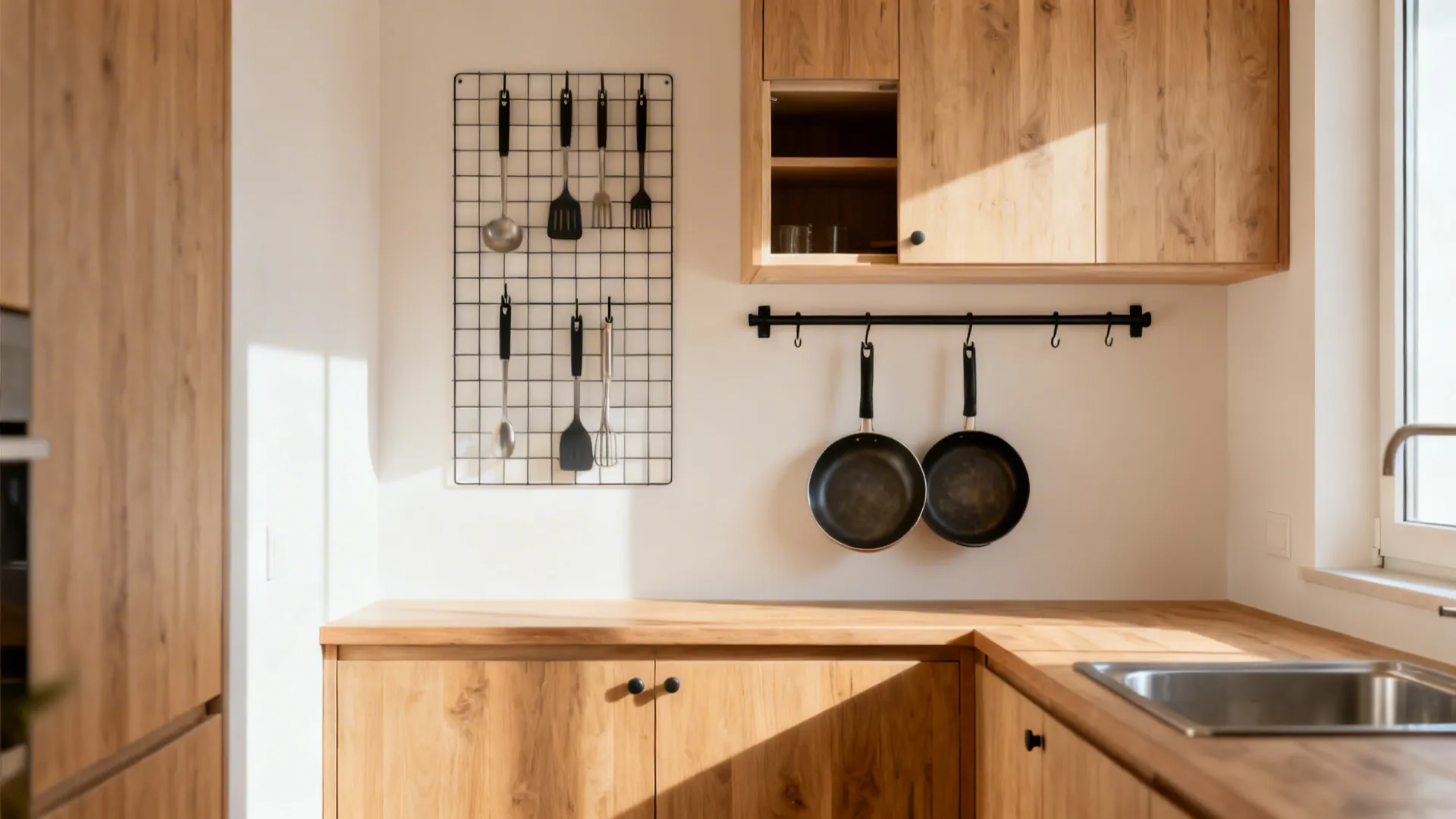 Small kitchen overview with a minimal hook grid, a short rail with pans, and hidden hooks inside a cabinet.