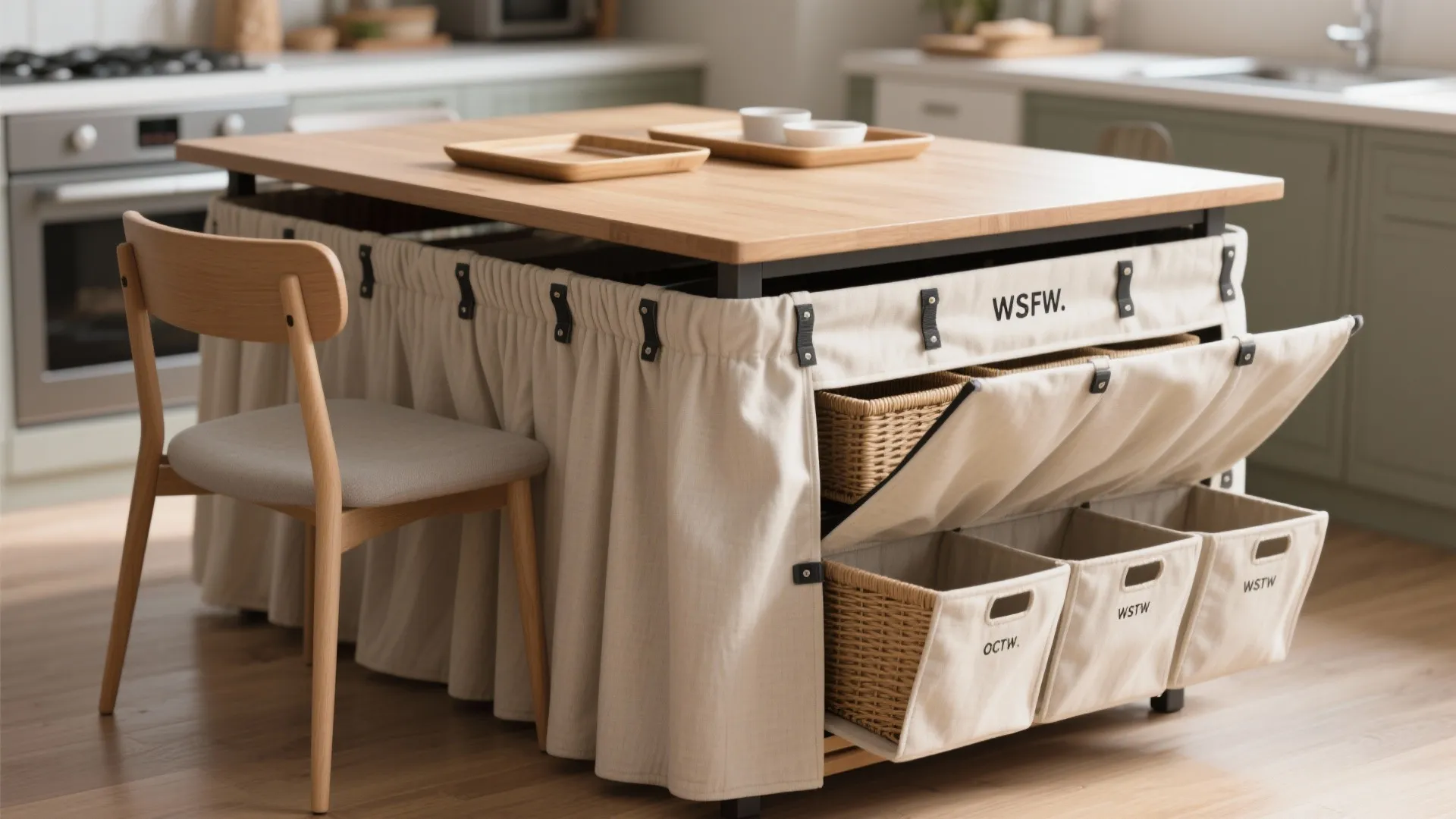 Wooden kitchen table with beige fabric curtain and storage baskets next to a wooden chair