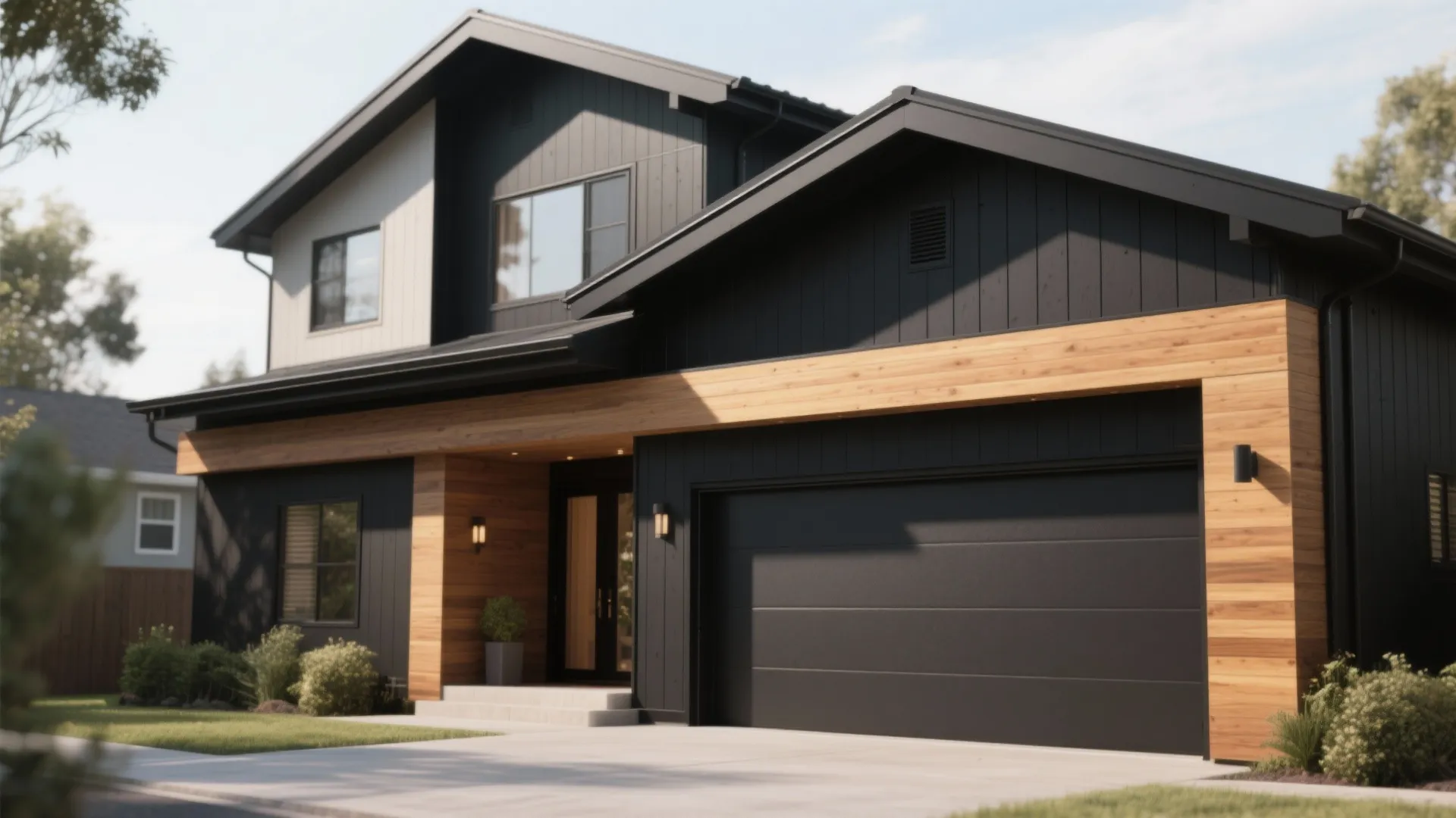 Modern two-story black house featuring light wood panel accents plus a black double garage door