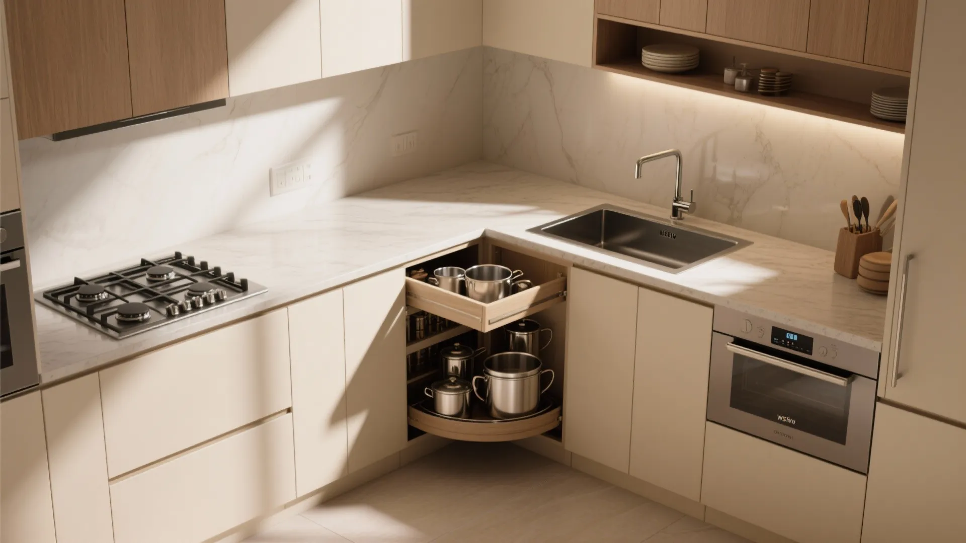 L-shaped kitchen corner showing stove and sink on adjacent legs with a pull-out carousel cabinet
