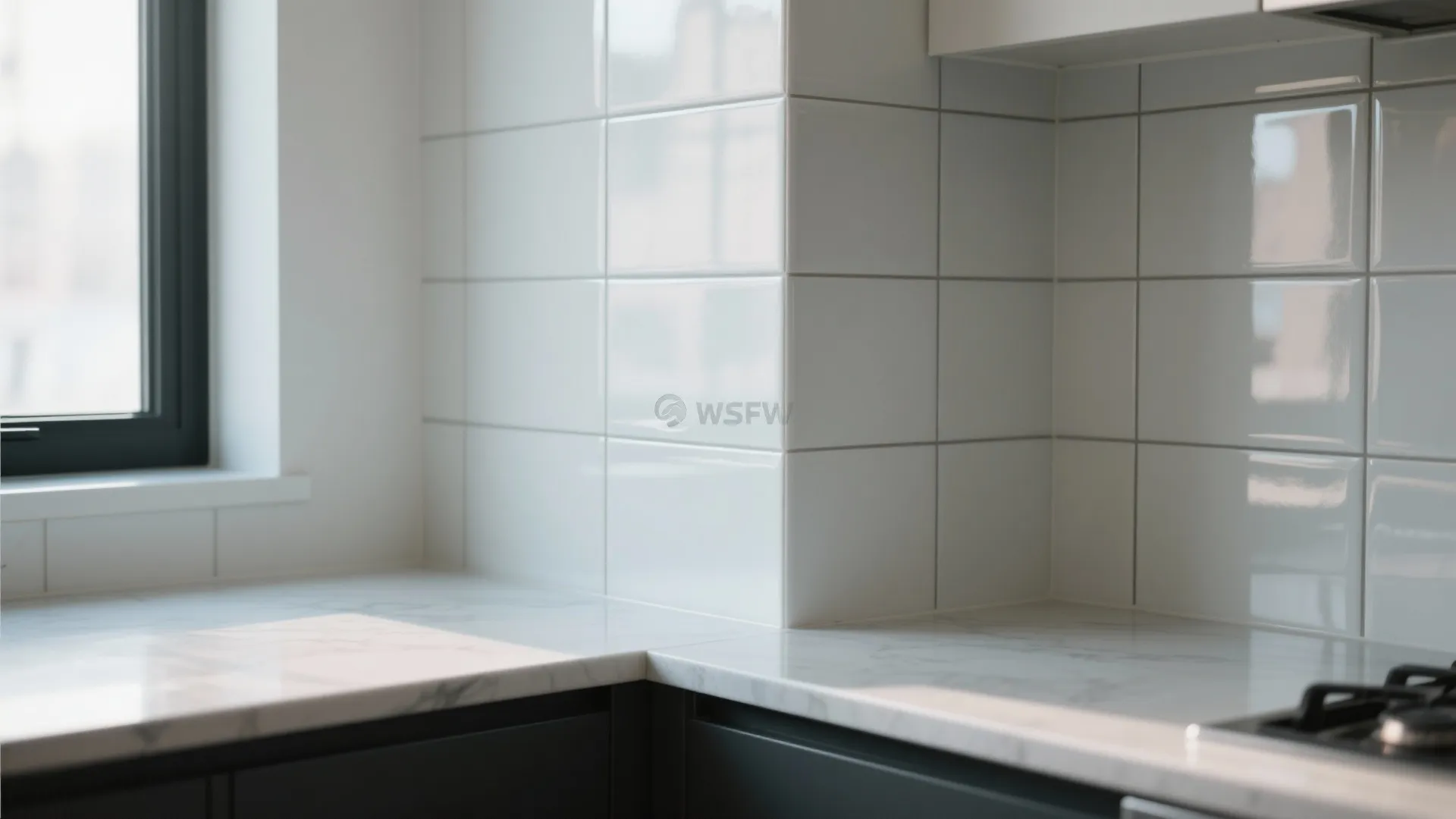 Close-up view of wraparound tile backsplash near a corner kitchen window