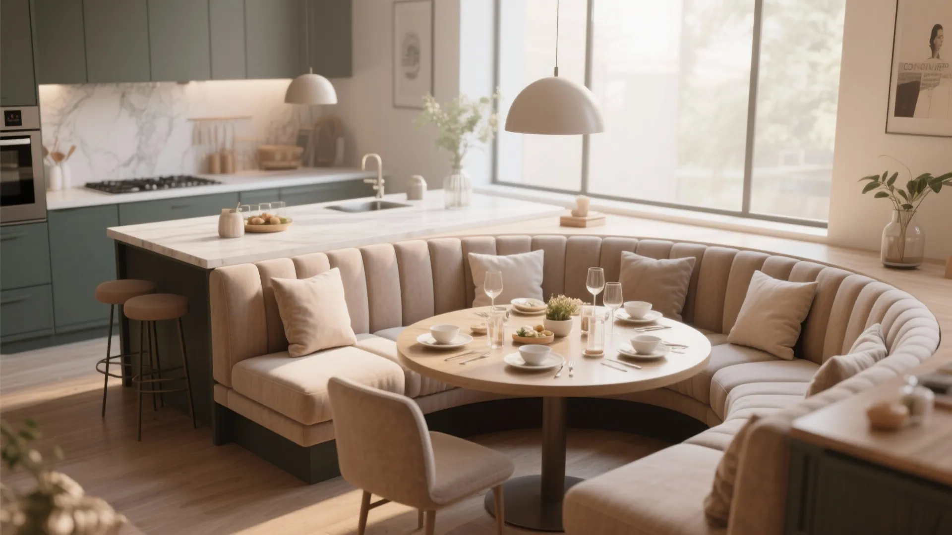 Kitchen island with U-shaped wraparound banquette seating