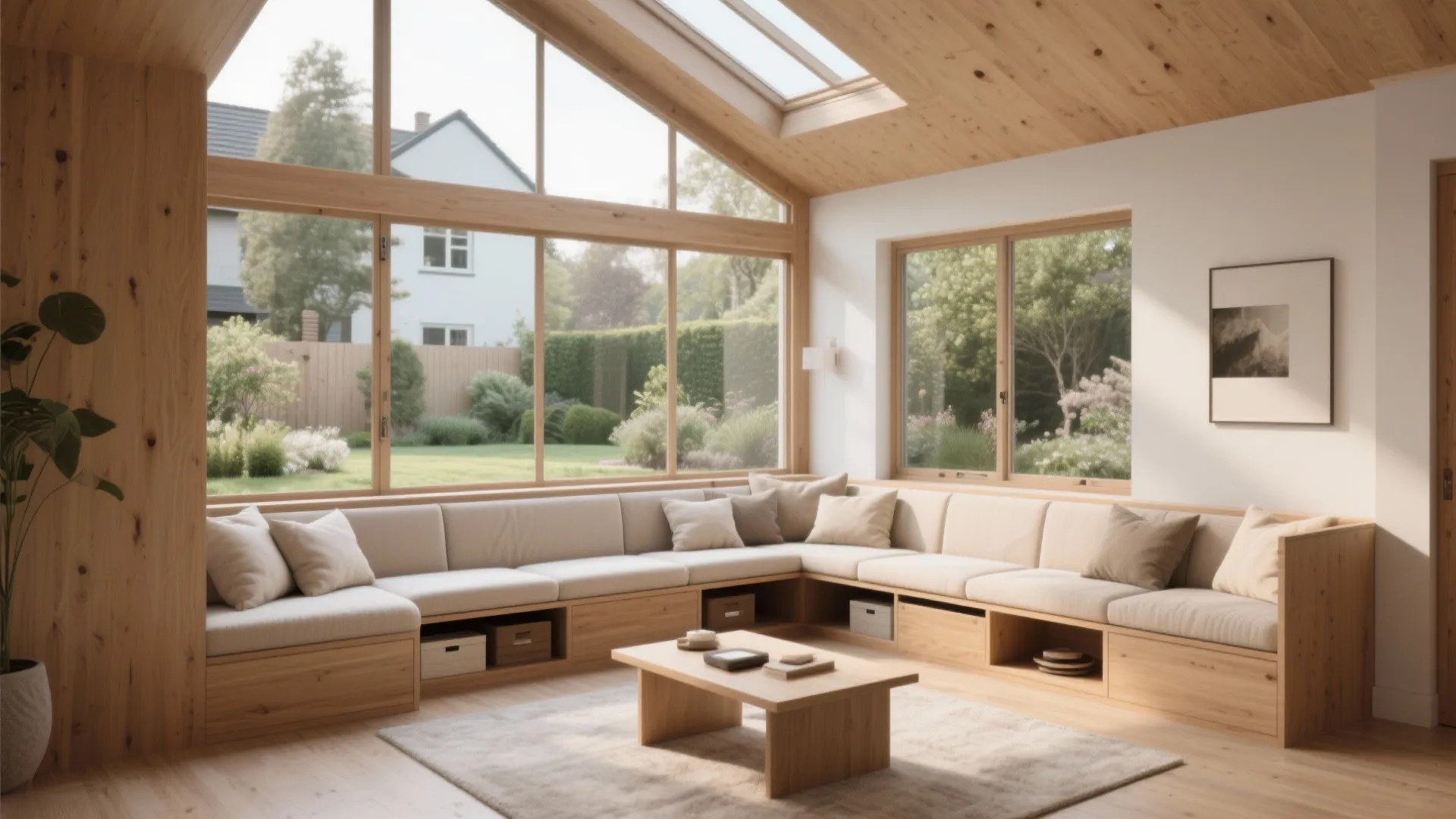 Large wooden corner bench with cushions and storage drawers under big windows and roof window