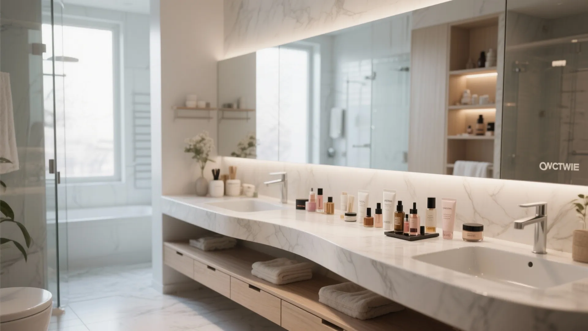 Modern bathroom vanity with marble counter, two sinks, large mirror with light, and skincare products