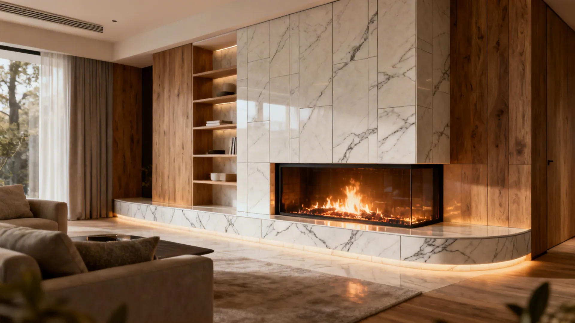 2. Wraparound fireplace niche using slim large tiles