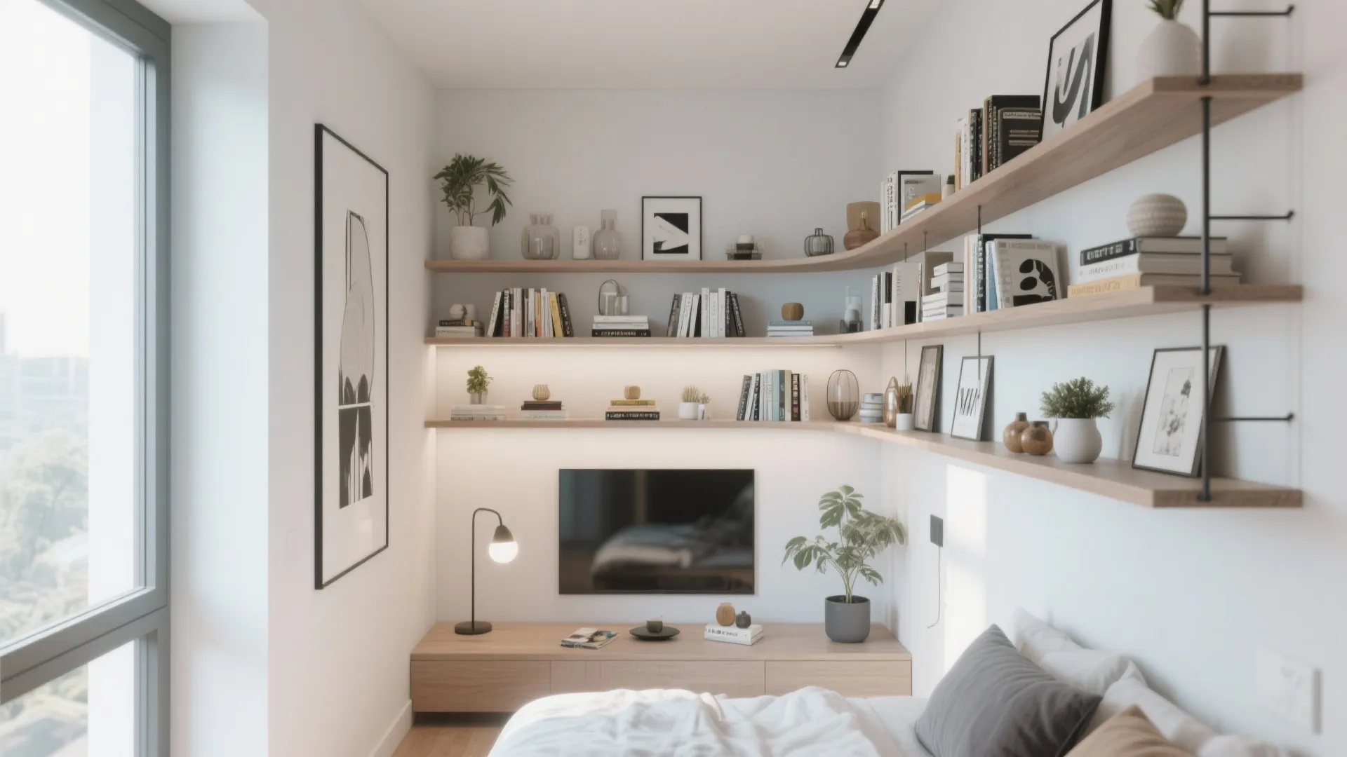 Modern white bedroom featuring light wood floating corner shelves with books plants and a television