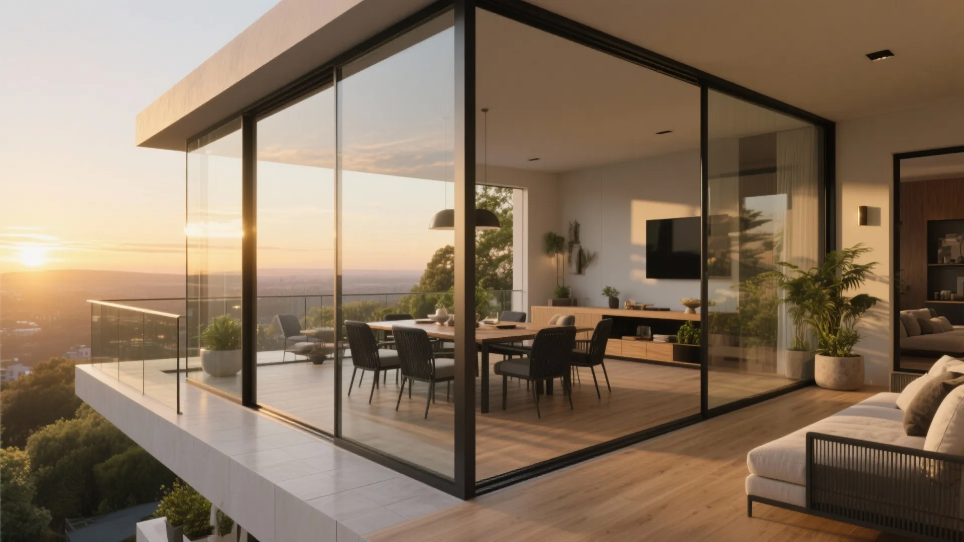 Modern open living room with dining table and glass walls overlooking a sunset mountain view