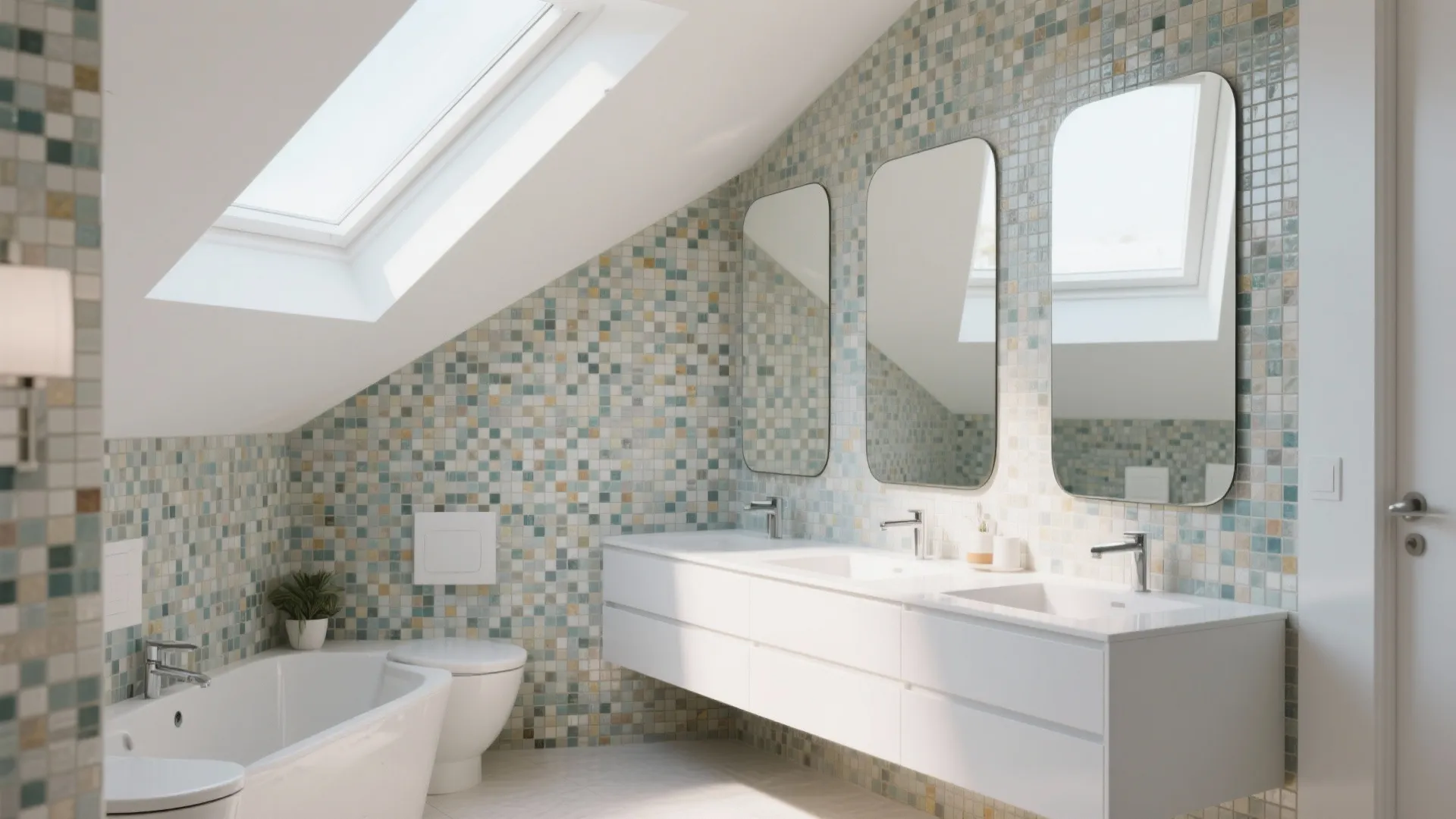 Bathroom with wraparound mirrors and mosaic tile wall