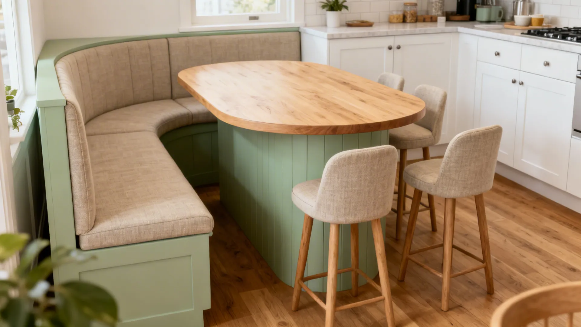 Small kitchen island with a curved corner and wrap-around stools creating a cafe-like nook.