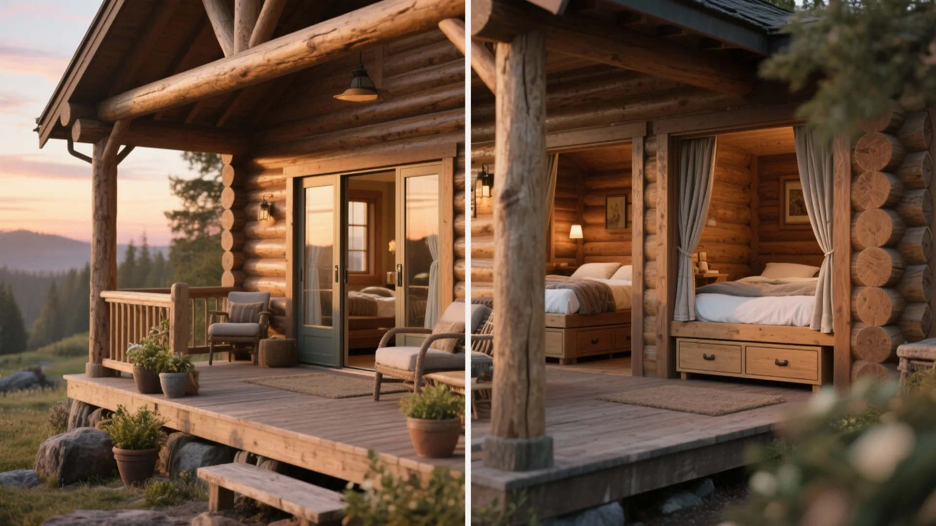 Log cabin balcony with chairs next to a bedroom showing wooden bed with white soft sheets