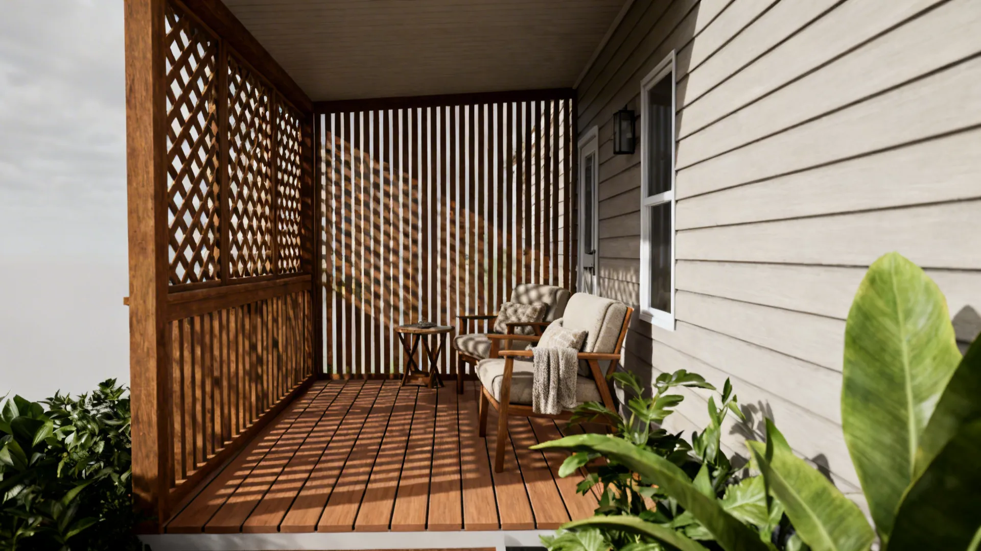 Small wraparound porch with vertical slat privacy screen and cozy seating on a mobile home.