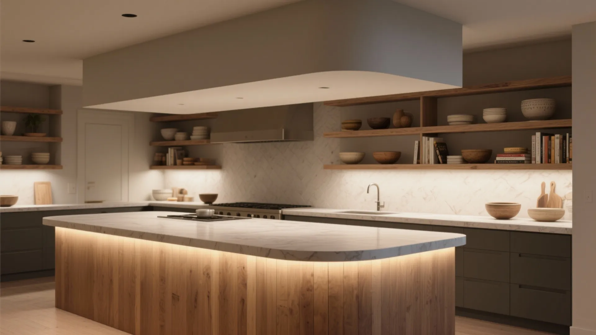 Modern kitchen with wooden island open shelves warm lighting marble back wall and grey cabinets