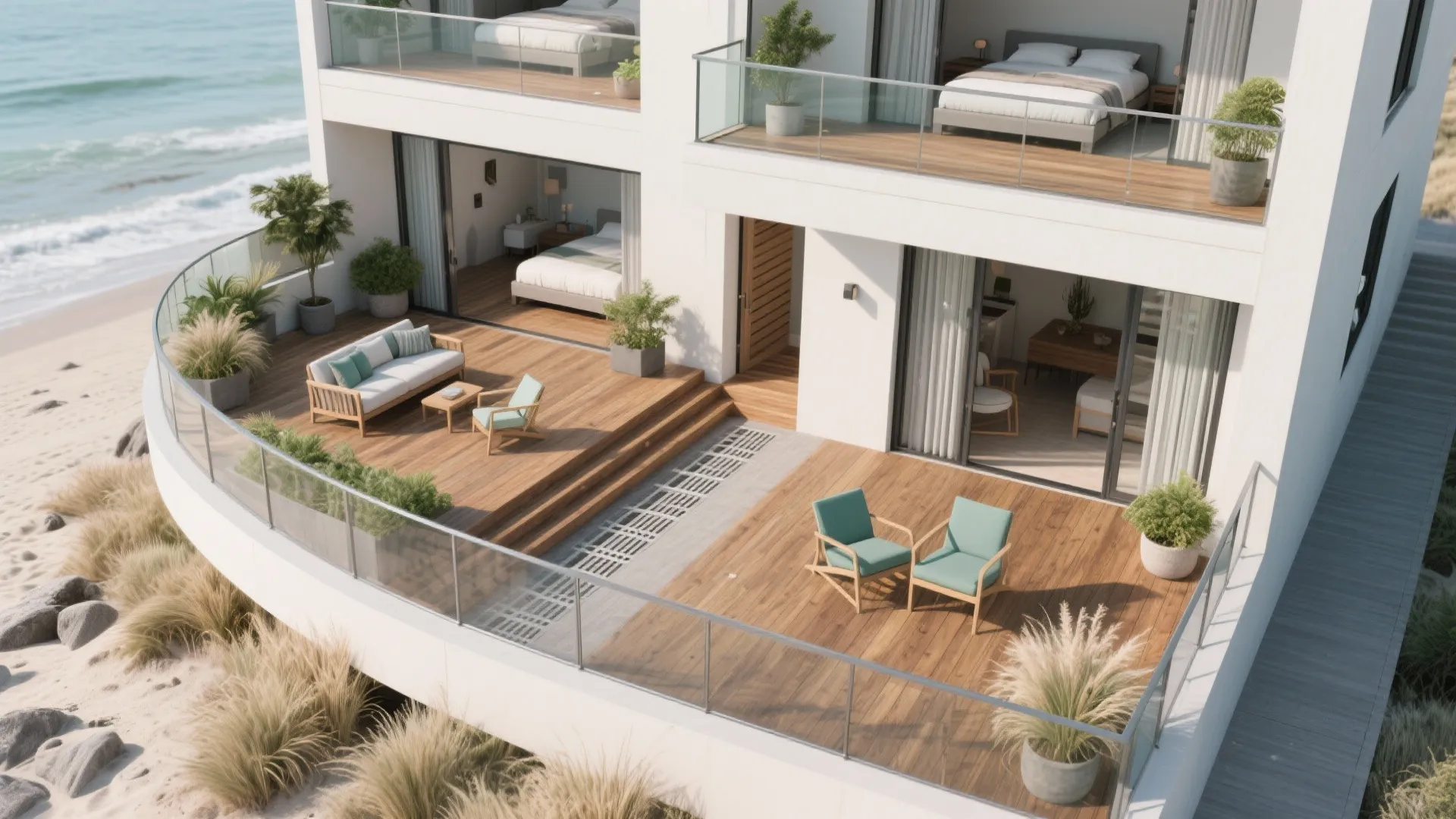 3) Wraparound Second-Floor Balcony for Circulation