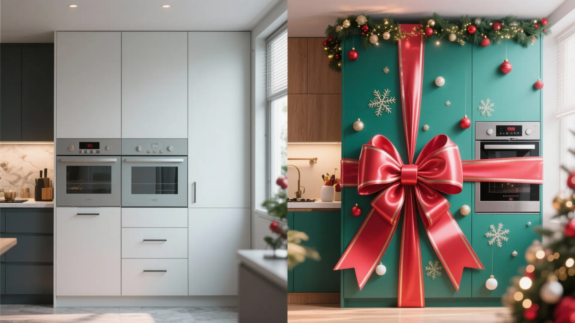 Modern kitchen with green cabinets wrapped in a large red ribbon for festive holiday decoration