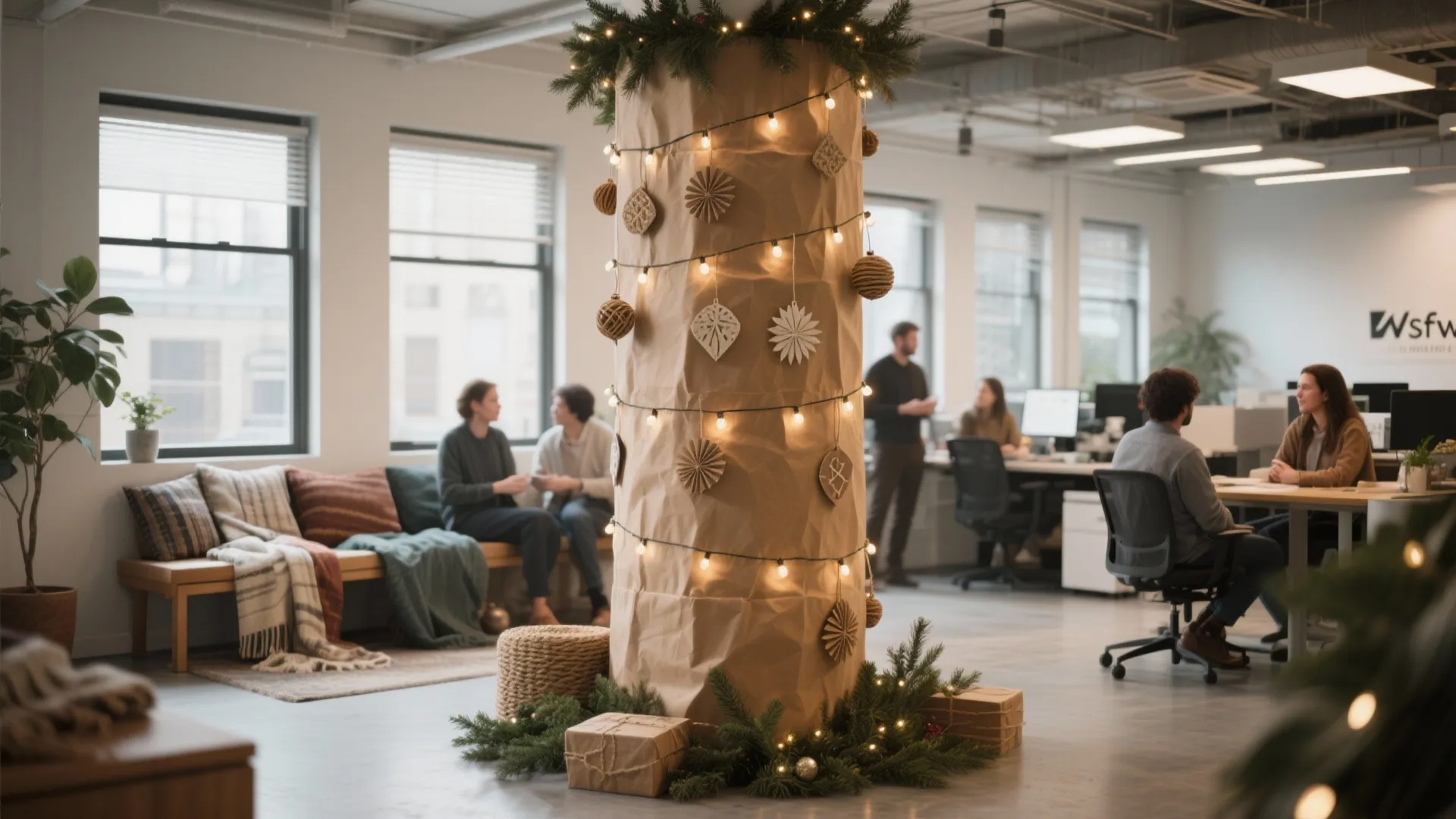 Office pillar wrapped in brown paper decorated with lights and ornaments surrounded by people working