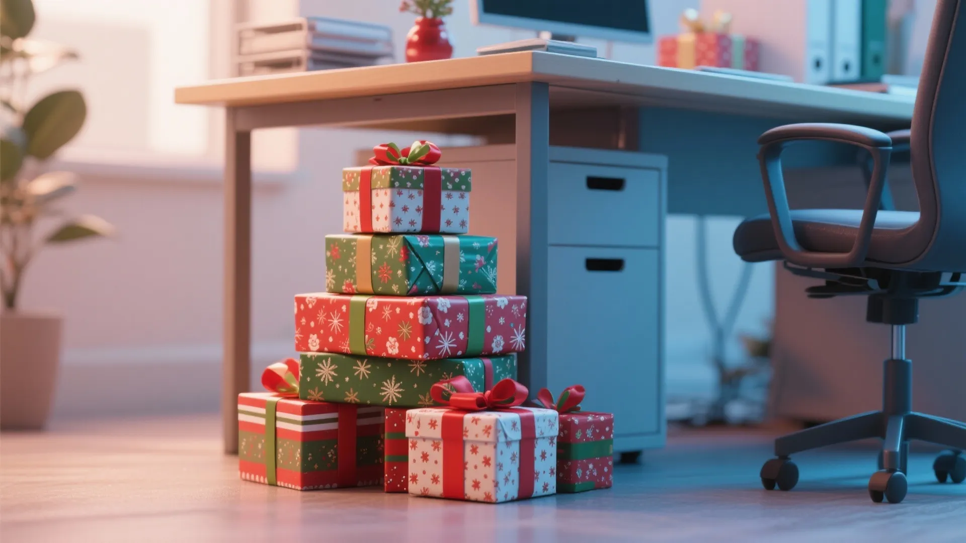 Stack of colorful wrapped Christmas gift boxes placed on the floor beside a white desk