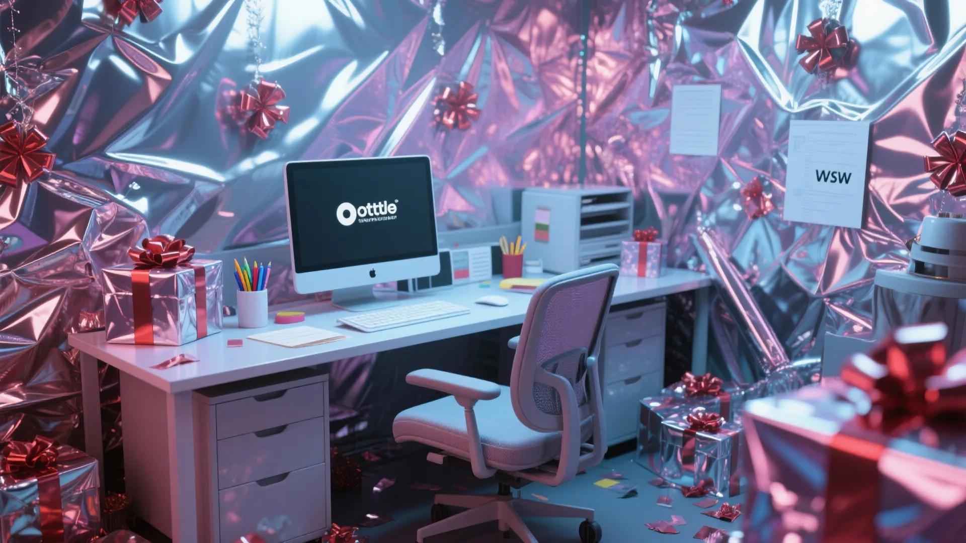 Office desk area completely wrapped in shiny pink foil with silver gift boxes and bows