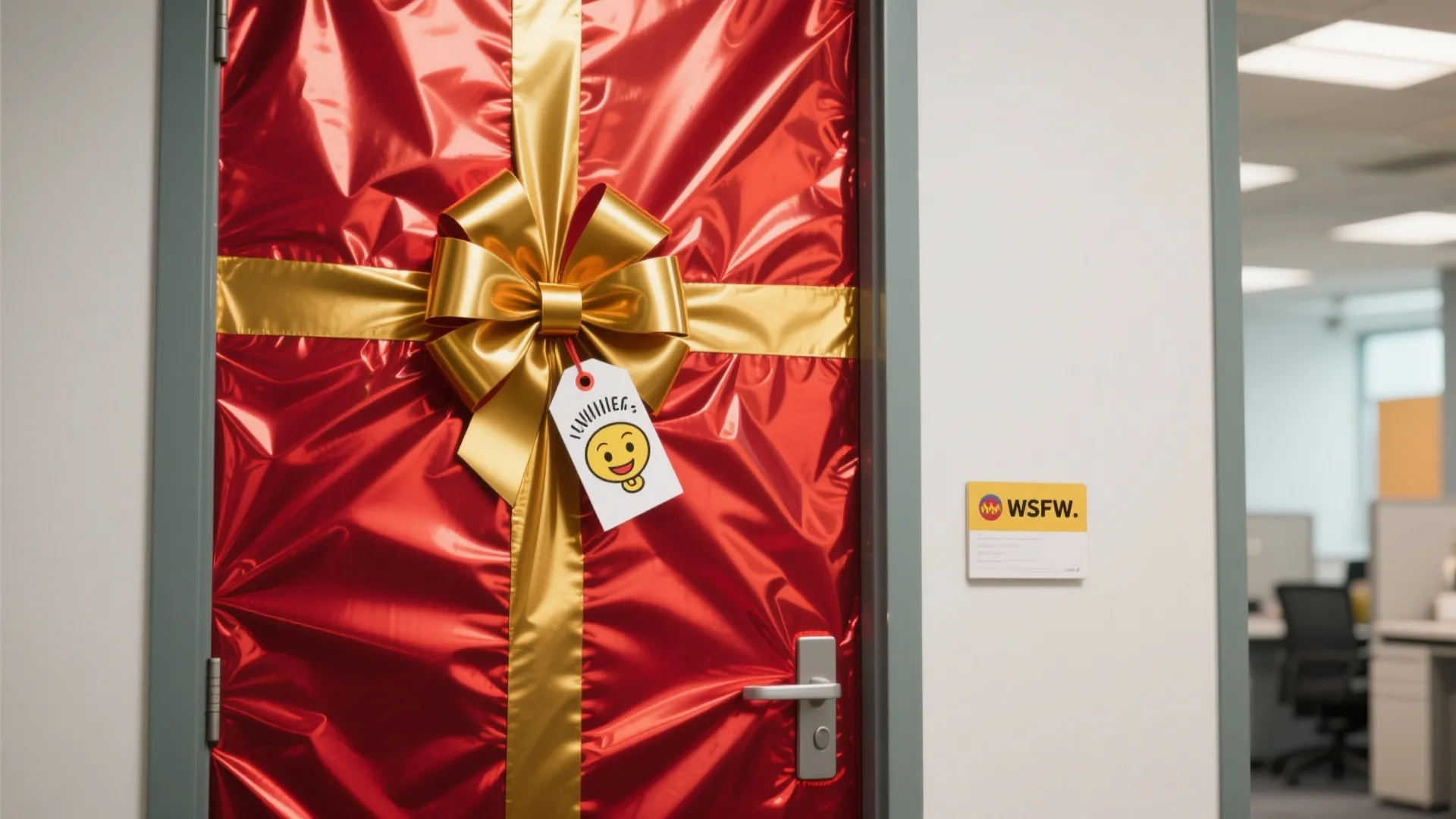Office door wrapped in red shiny paper with a large gold ribbon and festive bow