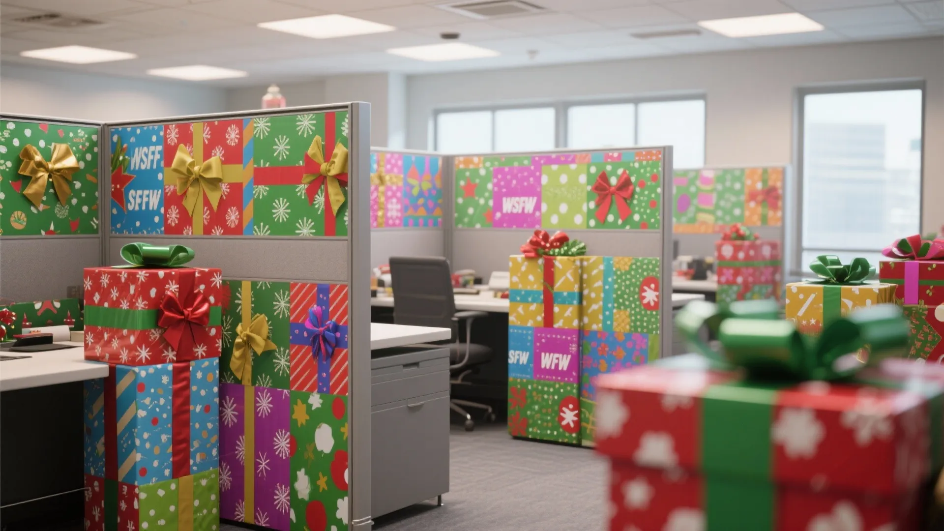 Modern office cubicles decorated with colorful holiday gift wrapping paper and large red green bows