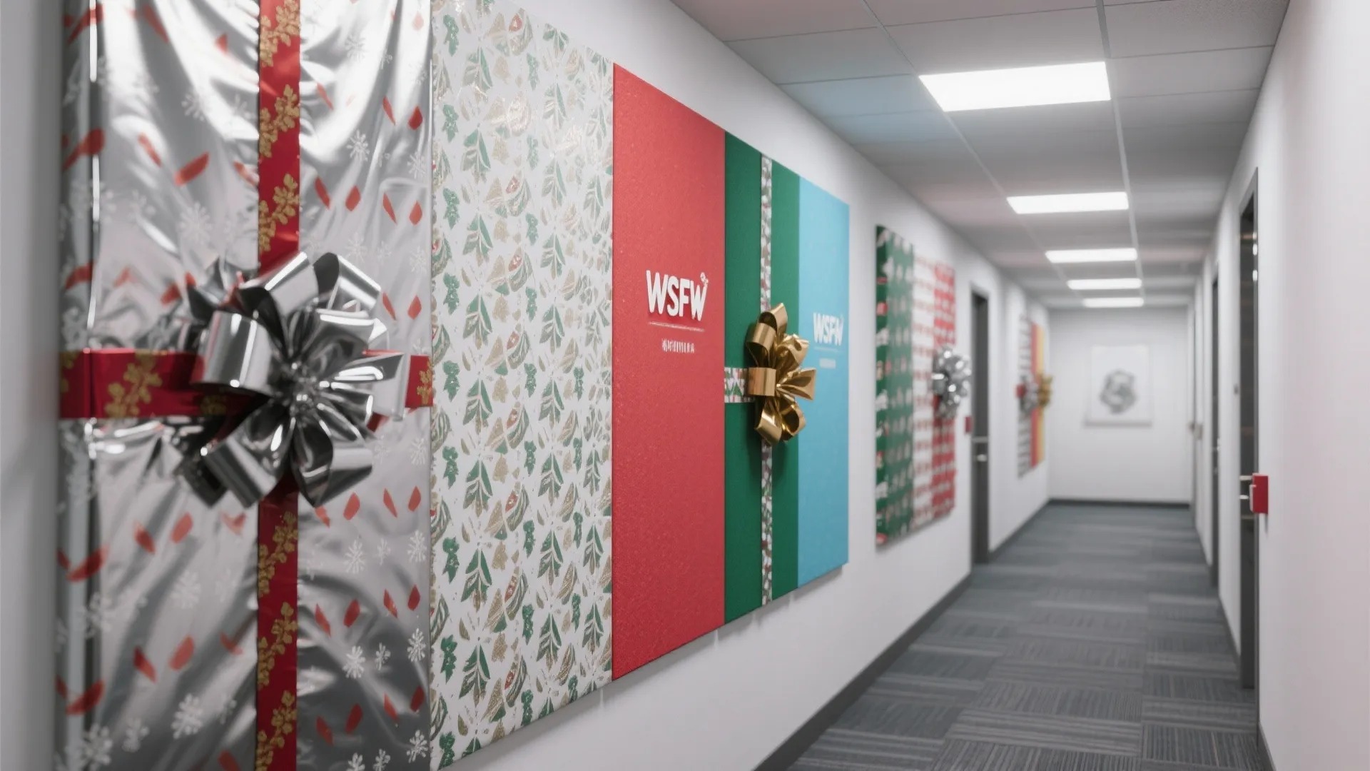Modern office hallway wall decorated with large colorful gift wrapping paper panels and silver bows