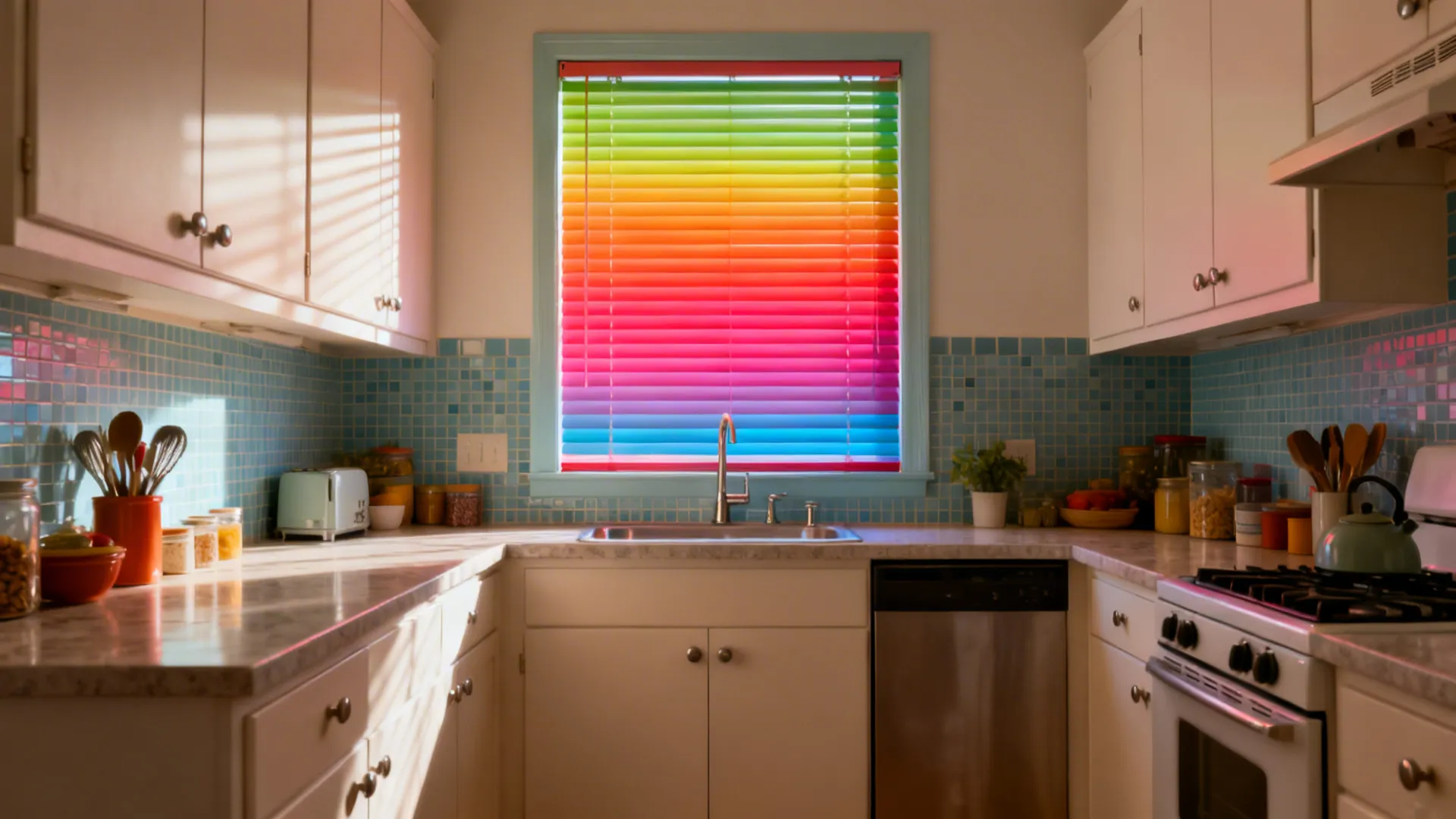 Small kitchen with one bold blind as the focal point, balanced by calm finishes.