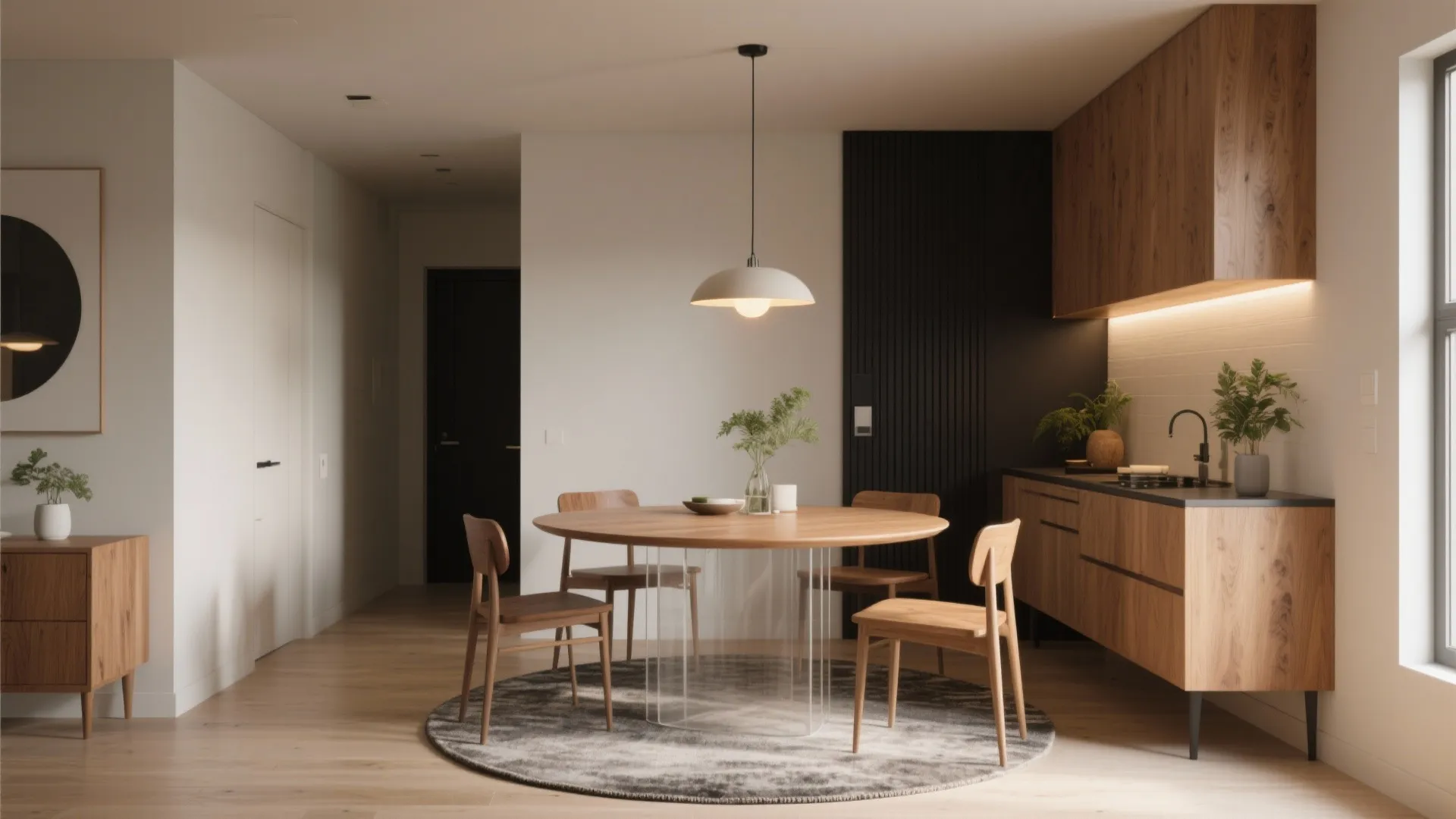 Modern wooden dining table with four chairs and ceiling light in a minimalist home kitchen