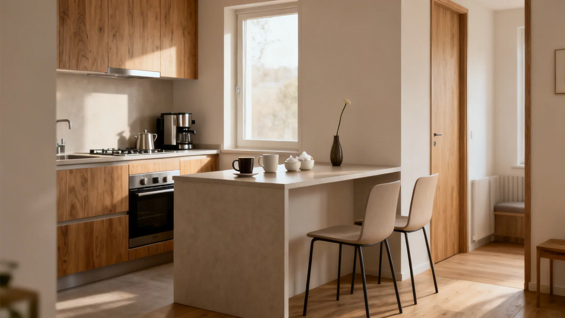 Cozy small kitchen with a compact island set for coffee in warm daylight.