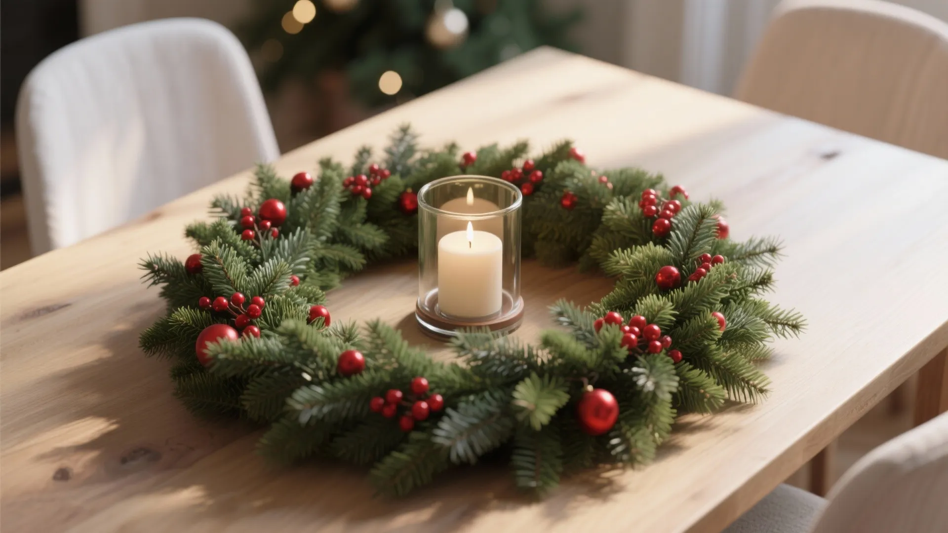 Christmas wreath centerpiece with candle holder in the middle