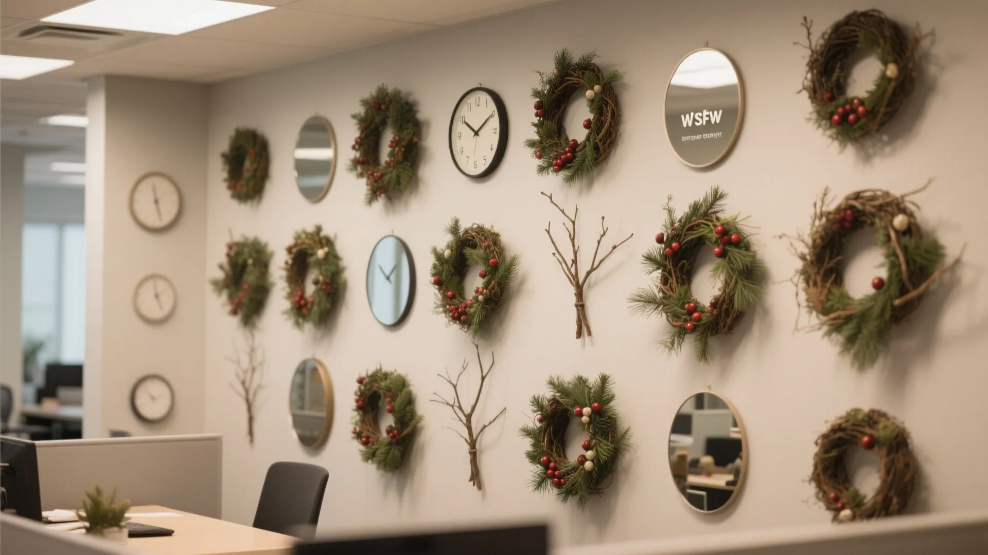 Office wall gallery with green Christmas wreaths round mirrors and clocks in a bright space
