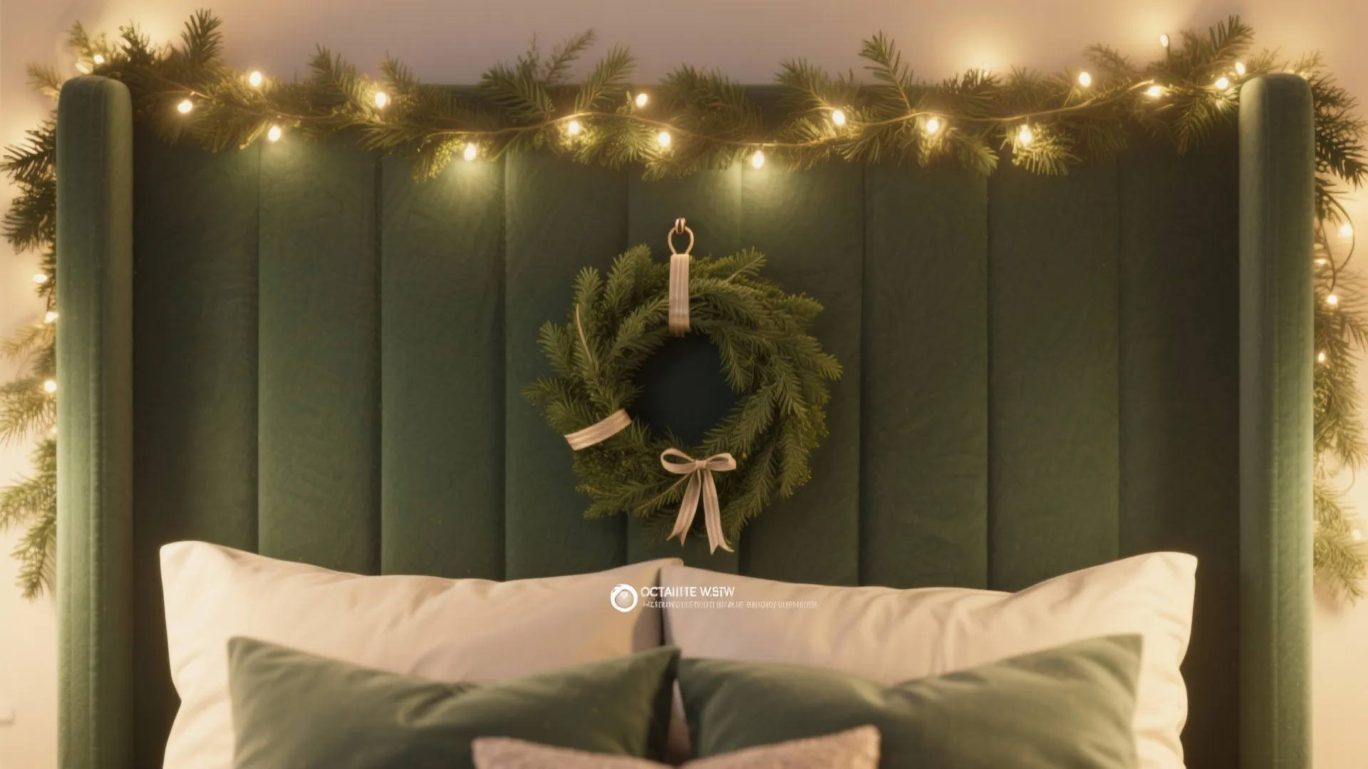 Green wall panel headboard decorated with a holiday wreath and warm string lights above pillows