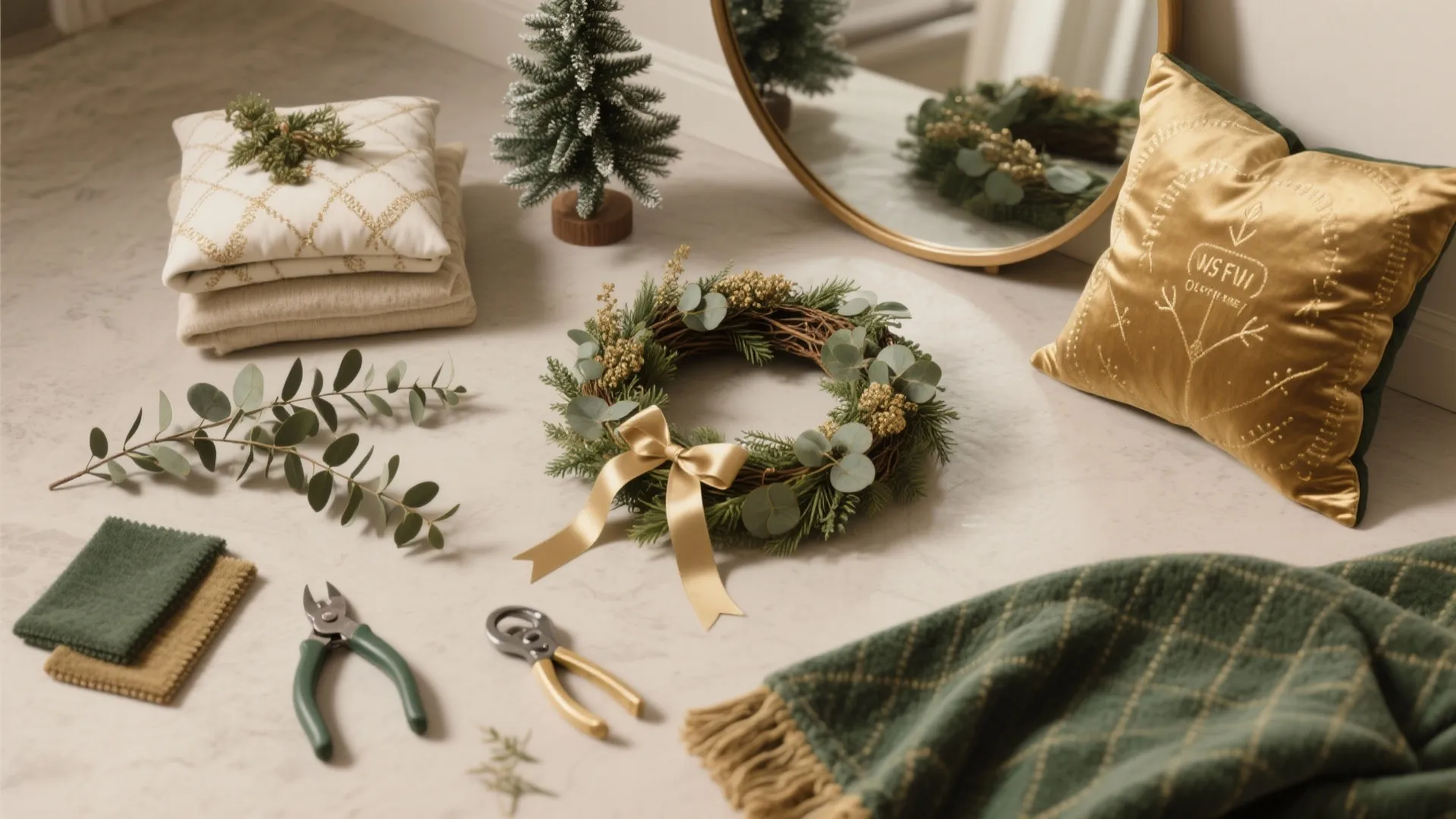 3. Use multipurpose décor: wreaths, textiles and tiny trees