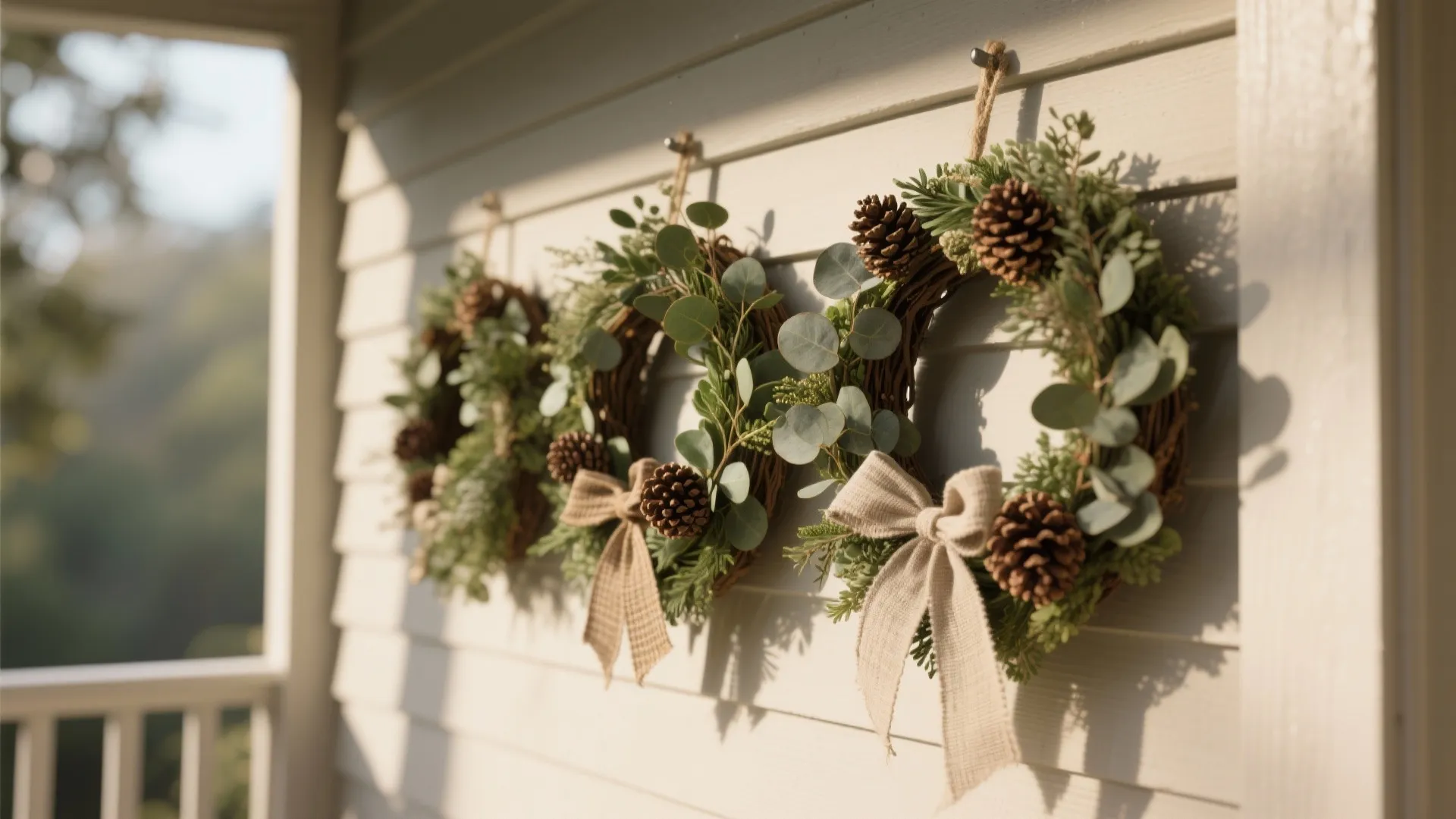 Three green festive wreaths with pine cones and tan bows hanging on a white wall