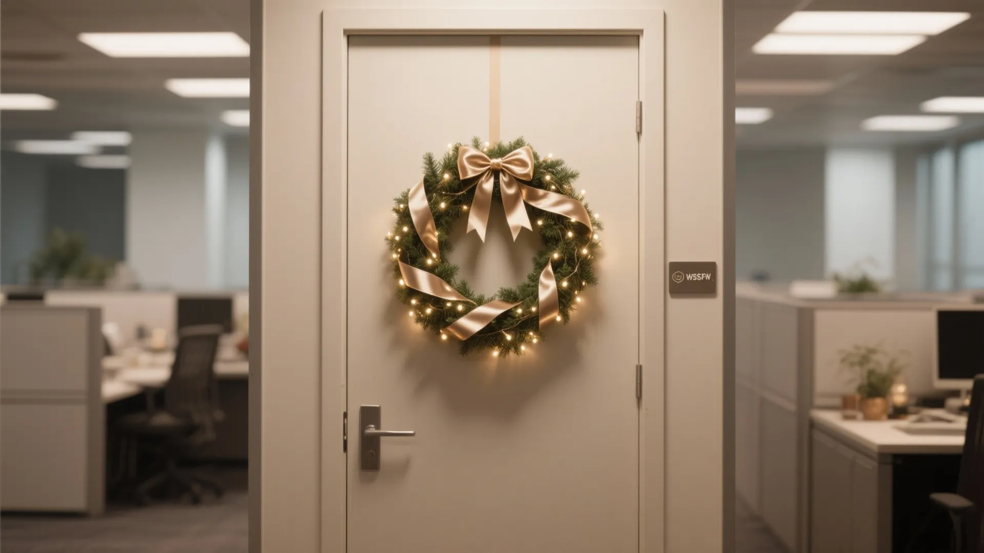 Simple white office door featuring a green Christmas wreath with small lights and gold ribbon