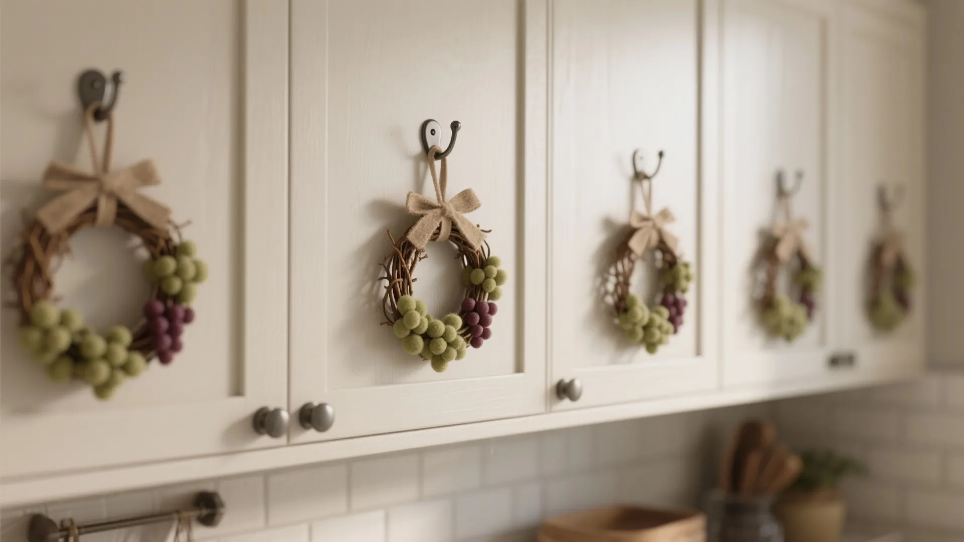 Small handmade holiday wreaths hanging from hooks on white kitchen cabinet doors in a row