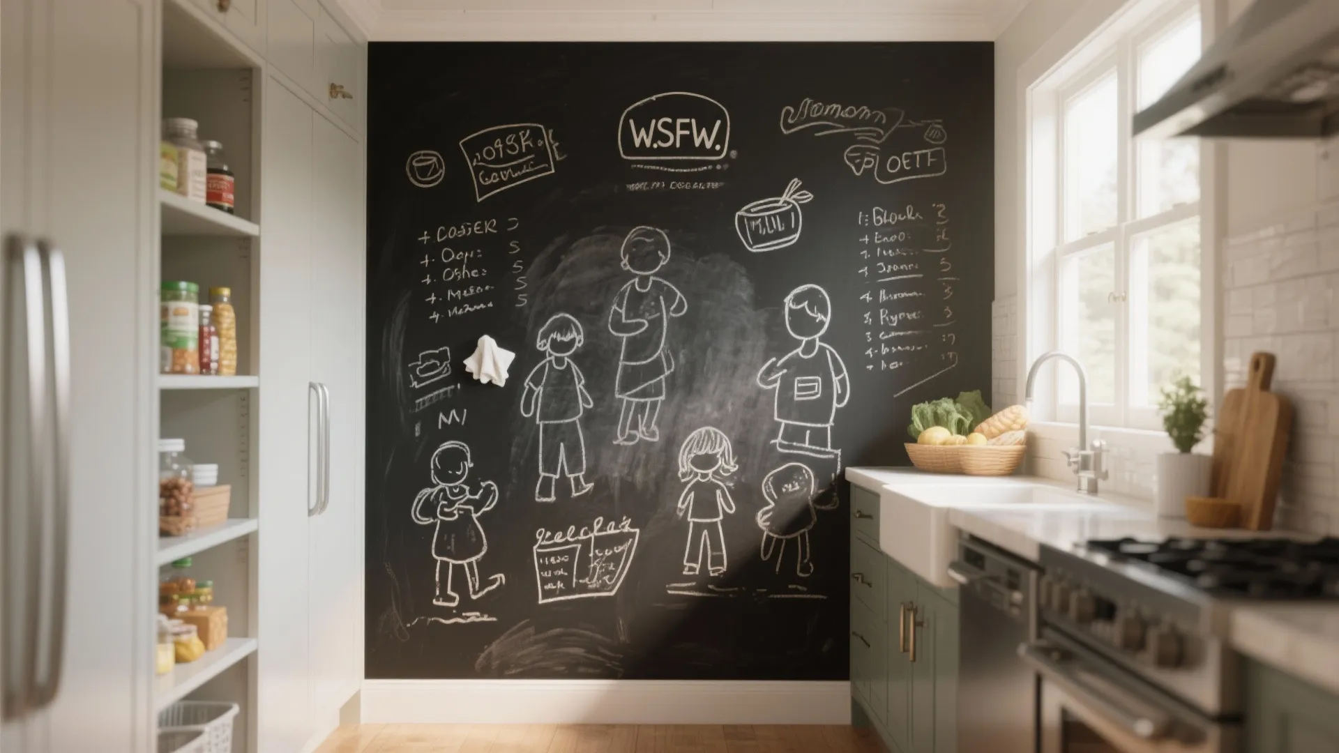 Kitchen pantry wall with writable matte epoxy used as a chalkboard, showing chalk notes and partial erasing.
