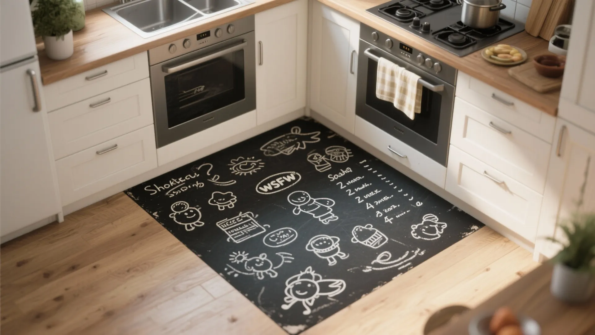 Modern kitchen with white cabinets and black floor mat featuring white chalk drawings and notes