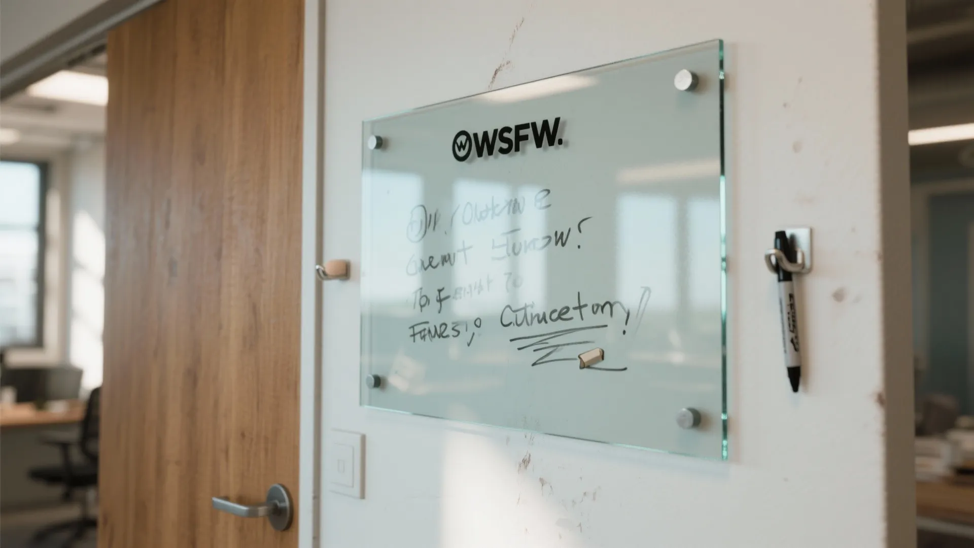Glass message board with handwritten notes and a black marker mounted on a white wall