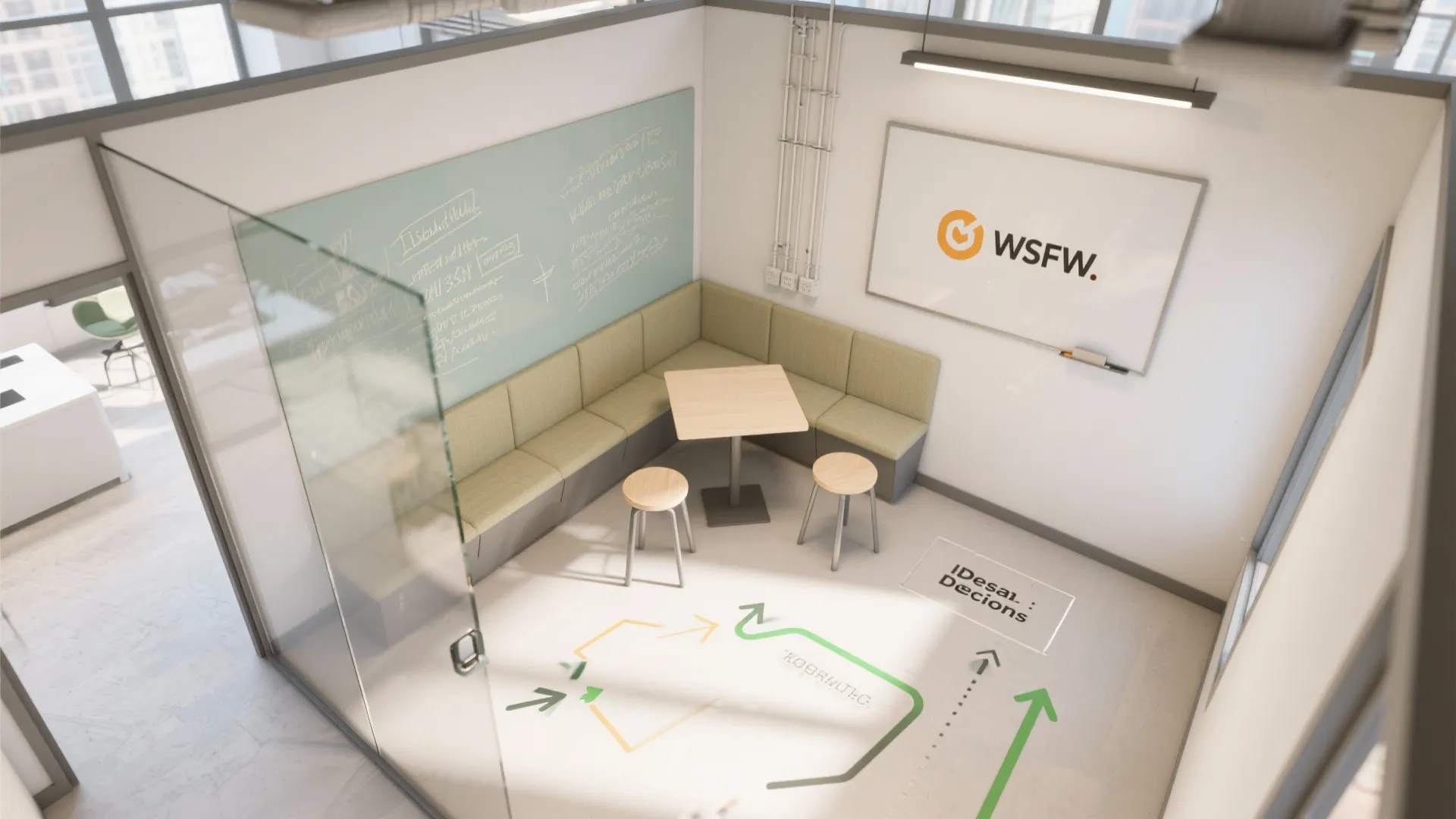 Small office meeting room with corner sofa glass writing wall whiteboard small table and wooden stools