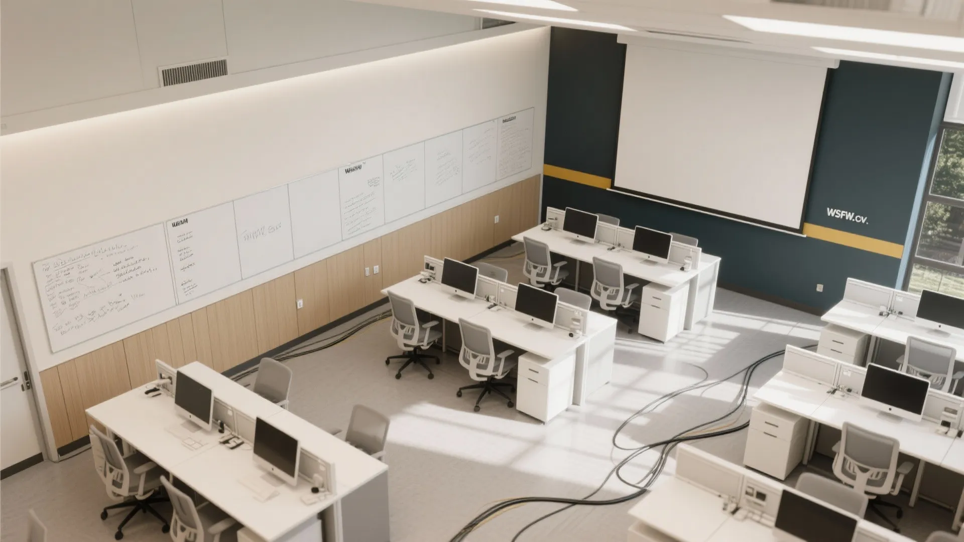 Top-down lab plan with writable magnetic wall bands, a projection-friendly stripe, and clear circulation aisles.