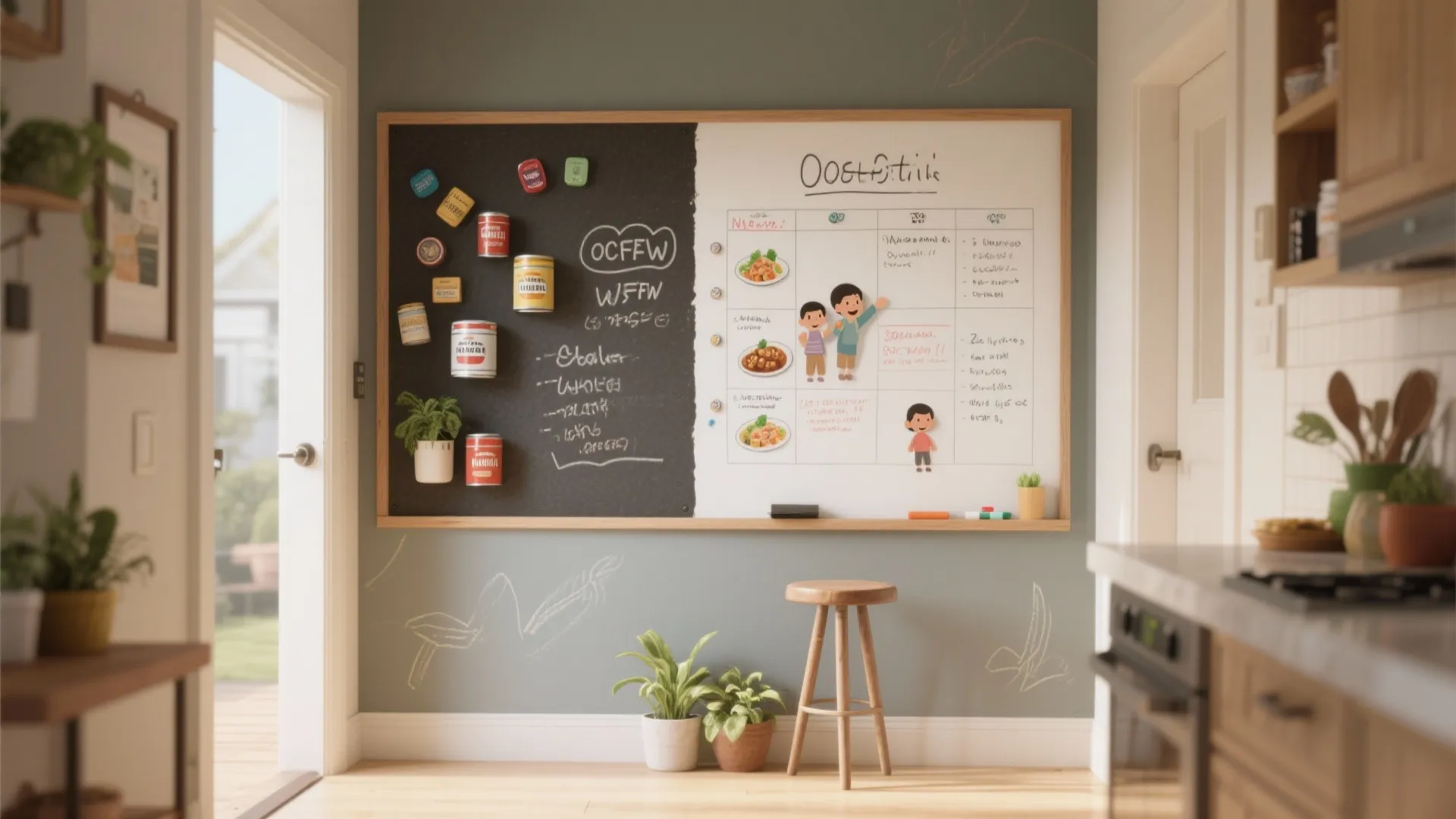 Large wall board with chalkboard and whiteboard sections showing schedule and magnets in a kitchen