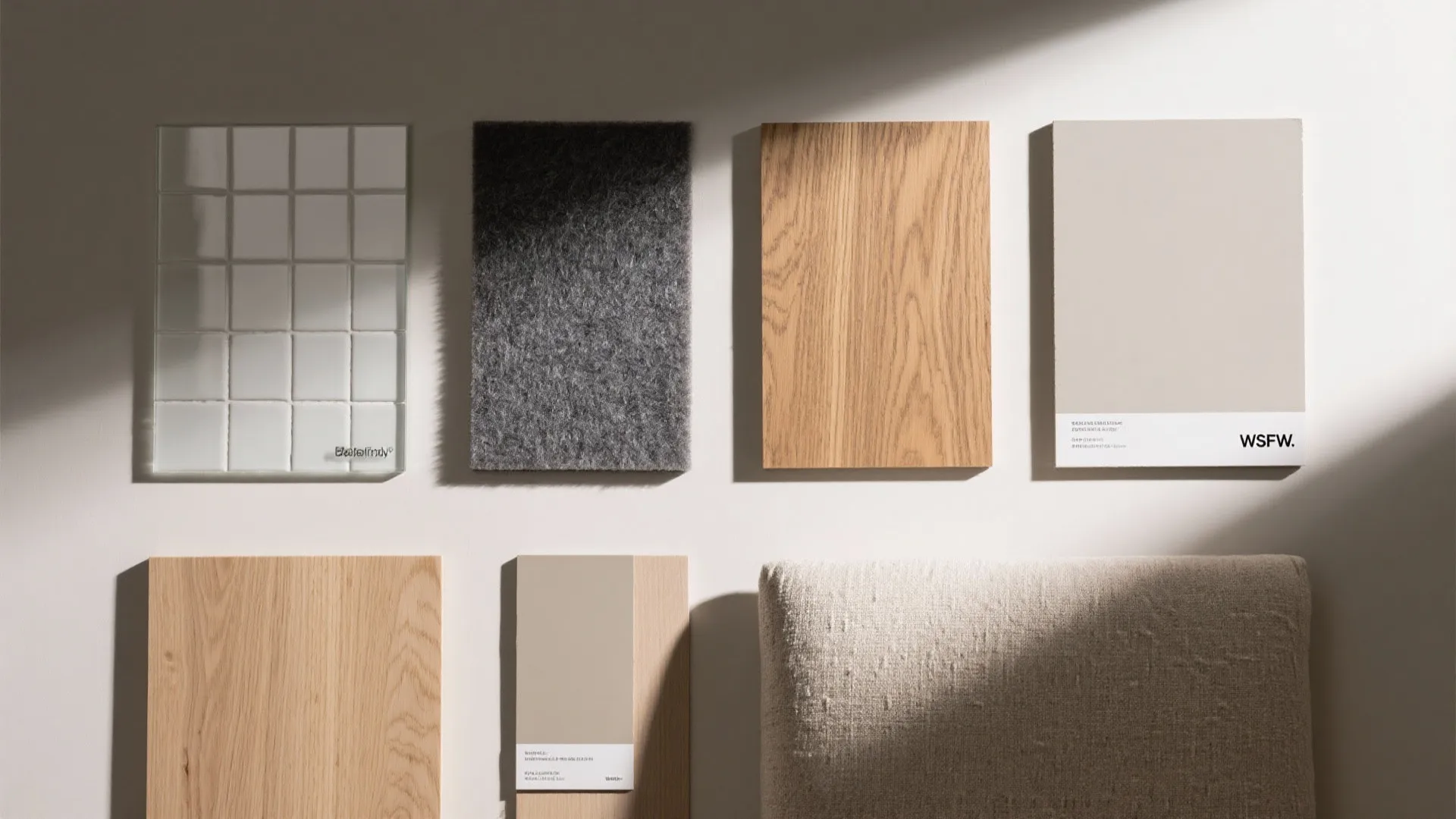 Material flat lay with low-gloss glass, ceramic steel, felt, oak, and fabric.
