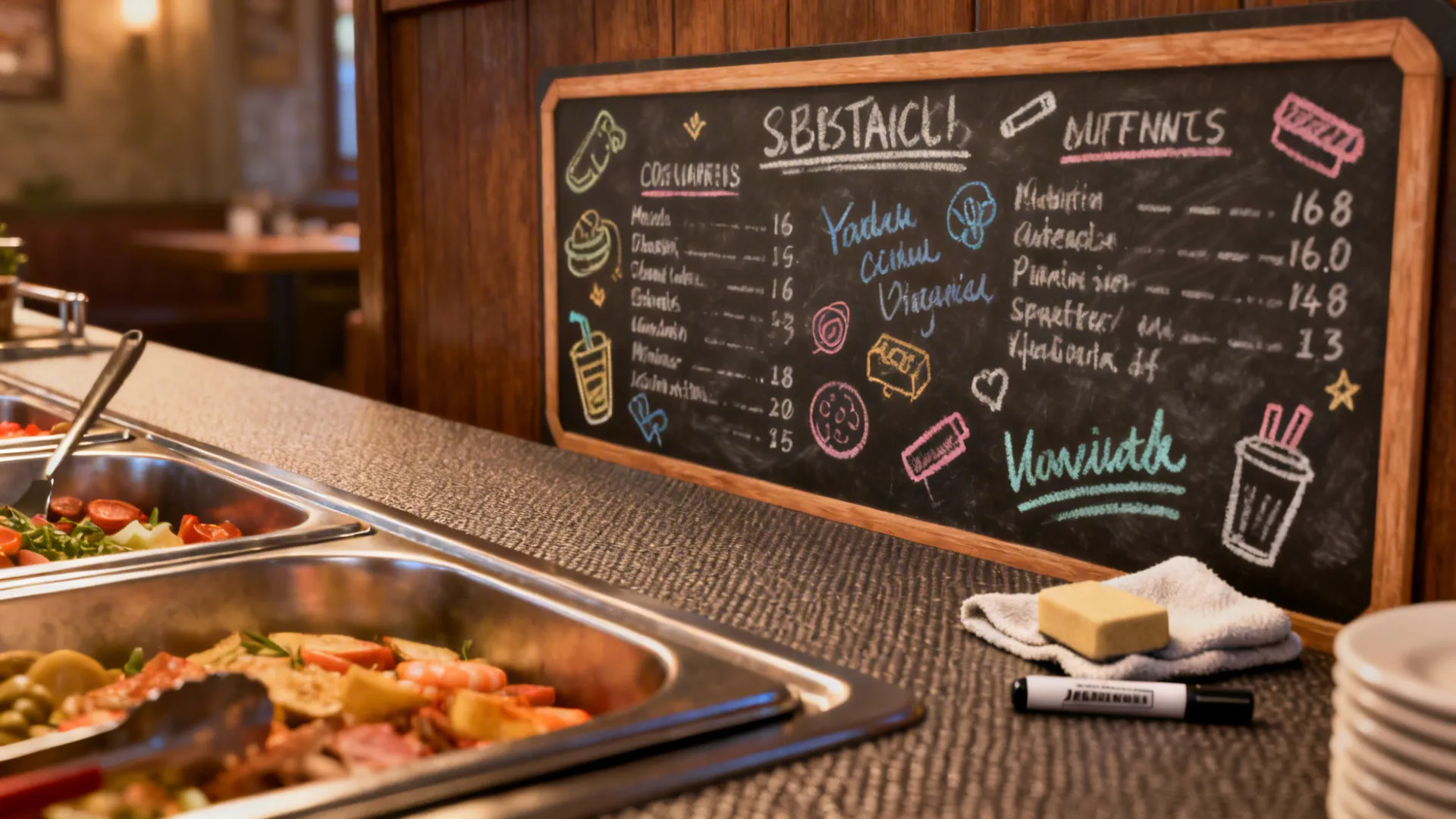 Close-up of a chalkboard-style writable sticker panel with handwritten menu and eraser on a buffet.