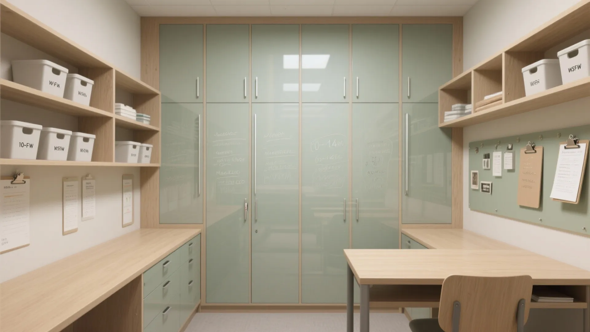 Modern storage room with green glass cabinets and wooden shelves holding several white plastic bins